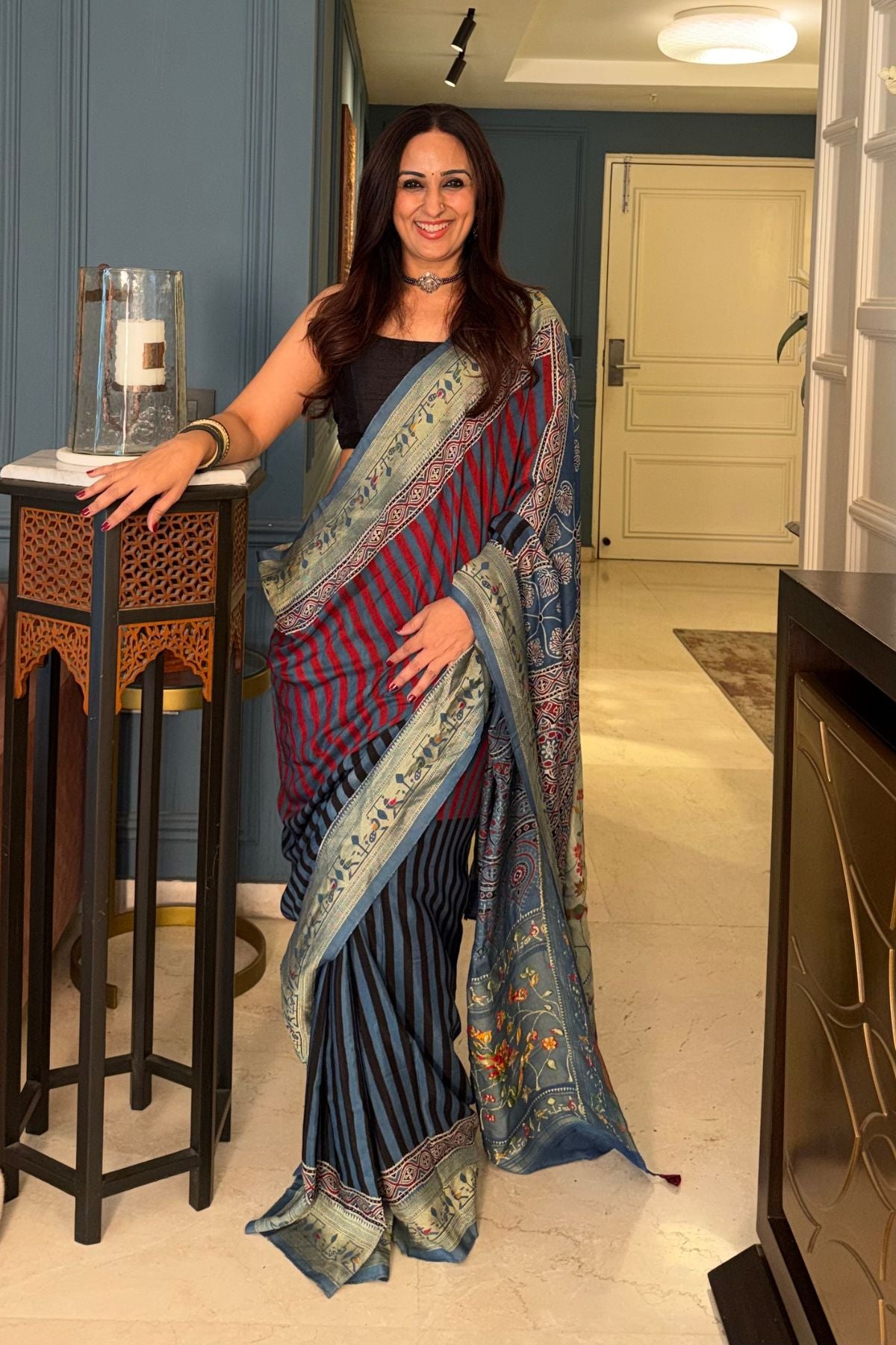 Handblocked Ajrakh with Paithani weave on pure modal saree!!