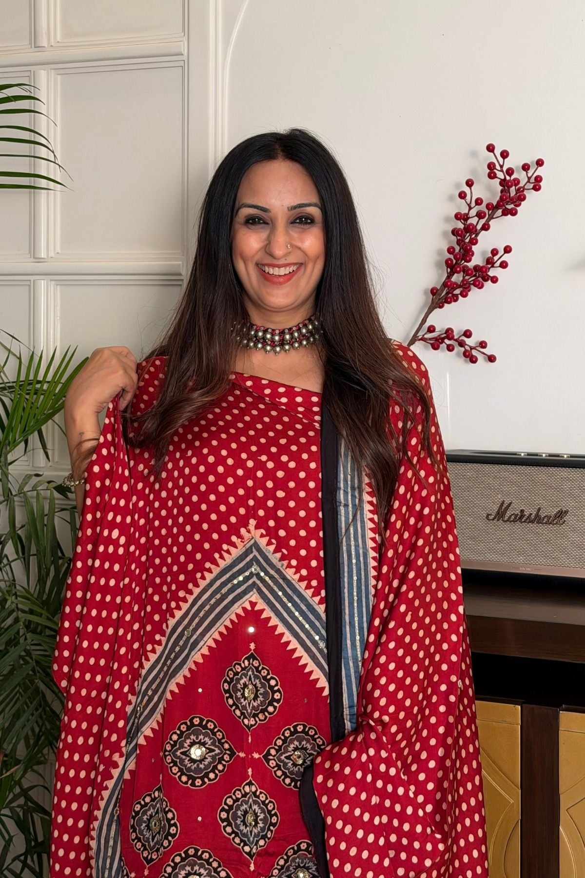 Handblocked Ajrakh kurta dupatta set with very intricate hand embroidery!!