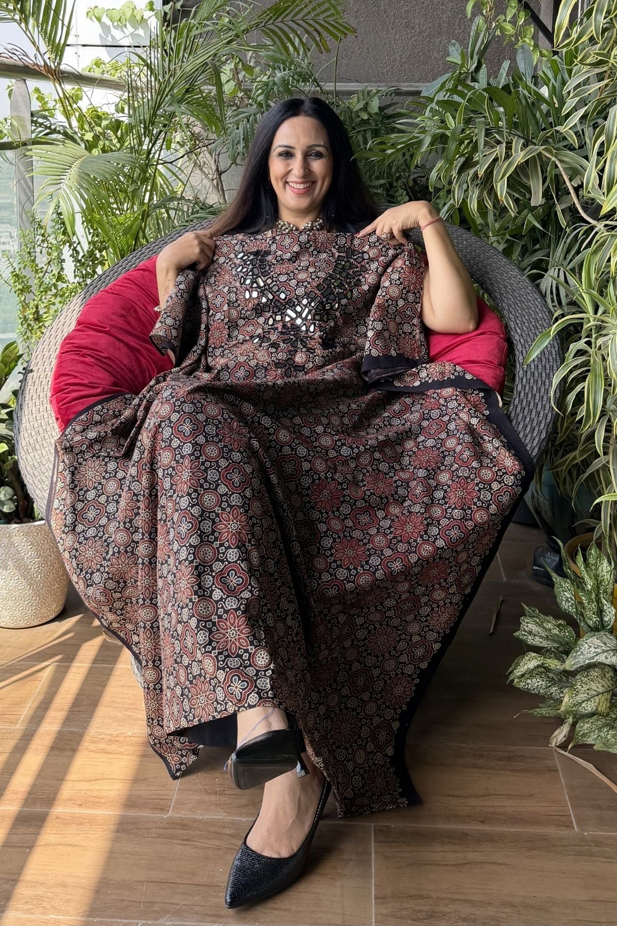 Handblocked pure cotton kurta with Kutch mirror work embroidery!!