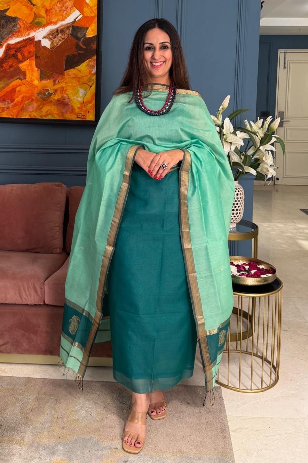 Maheshwari handloom silk by cotton kurta dupatta set