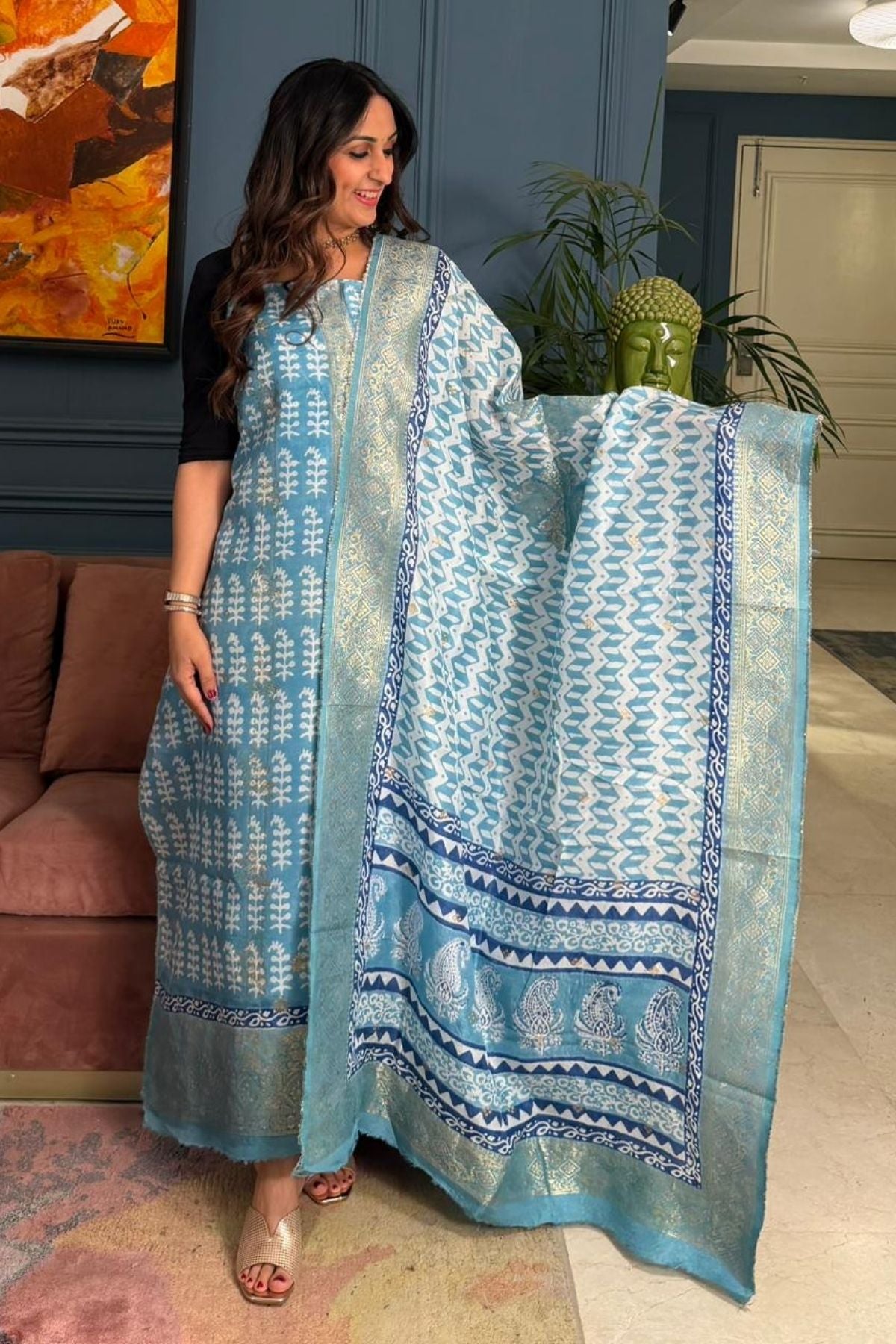 Handblocked Bagh indigo sets on Dola Silk