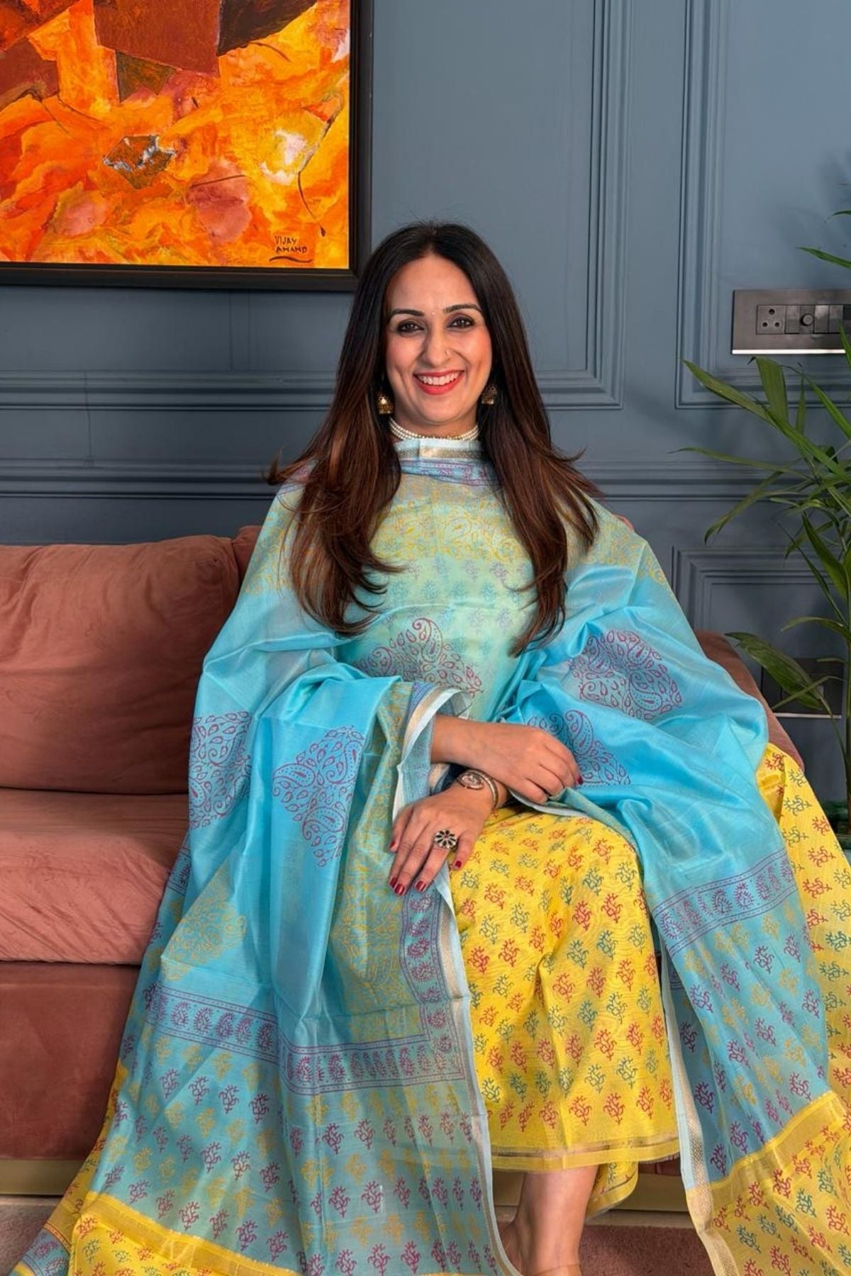 Handblocked Maheshwari kurta dupatta set!!