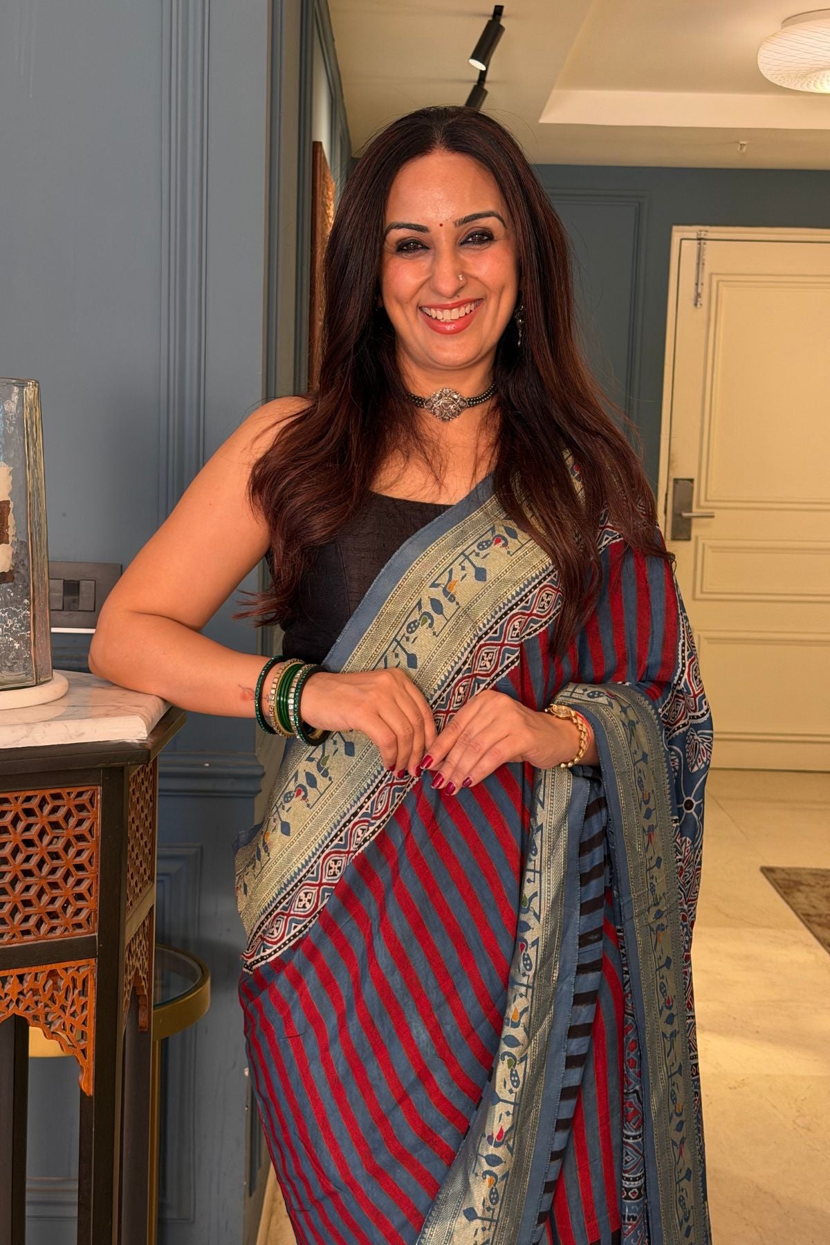 Handblocked Ajrakh with Paithani weave on pure modal saree!!