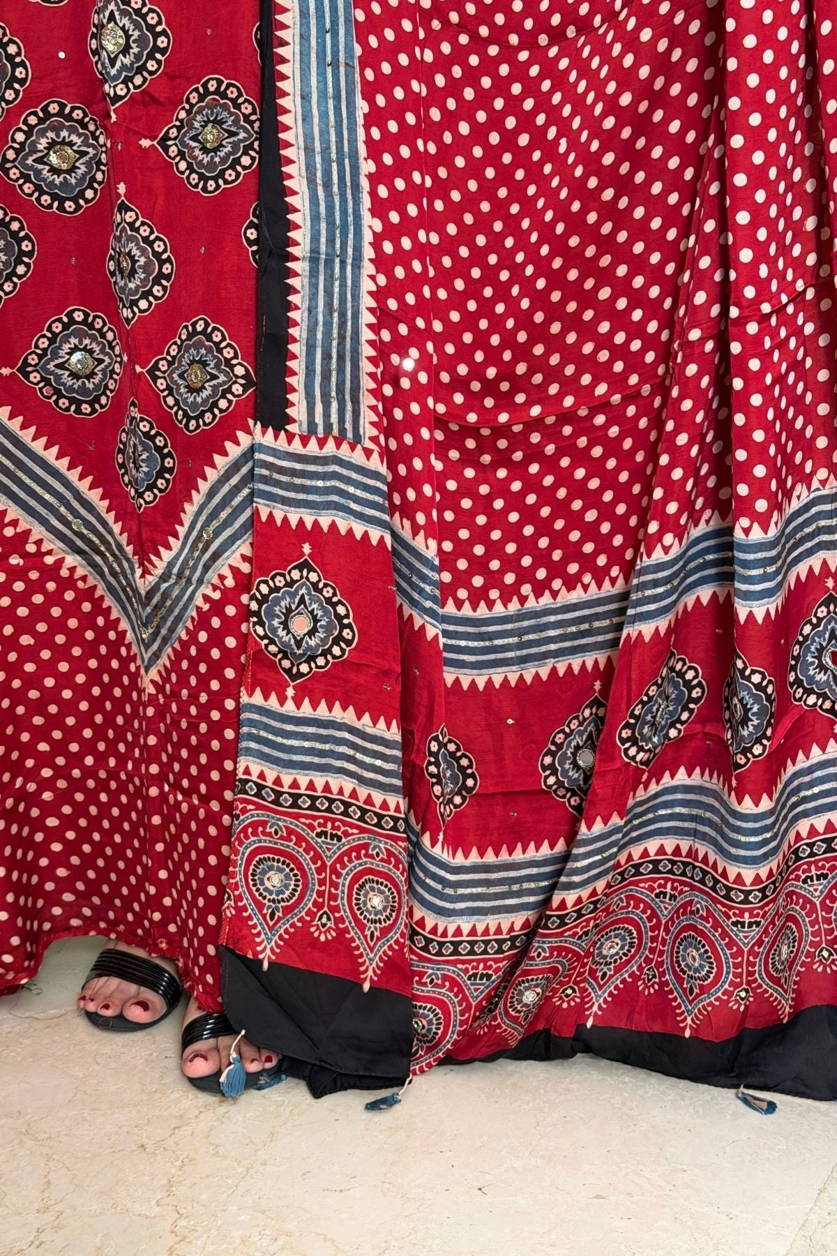 Handblocked Ajrakh kurta dupatta set with very intricate hand embroidery!!