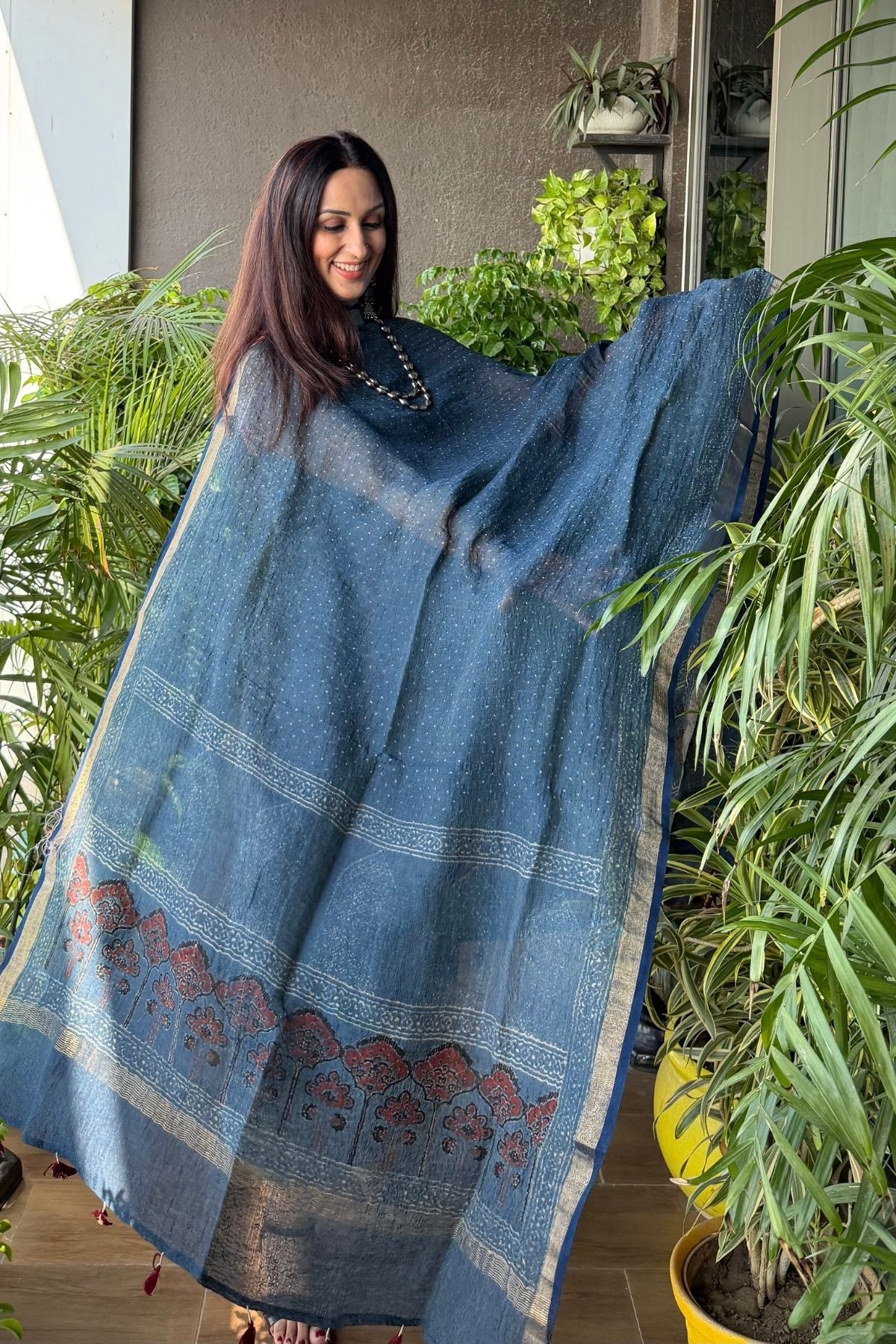 Ajrakh On Pure Linen Silk