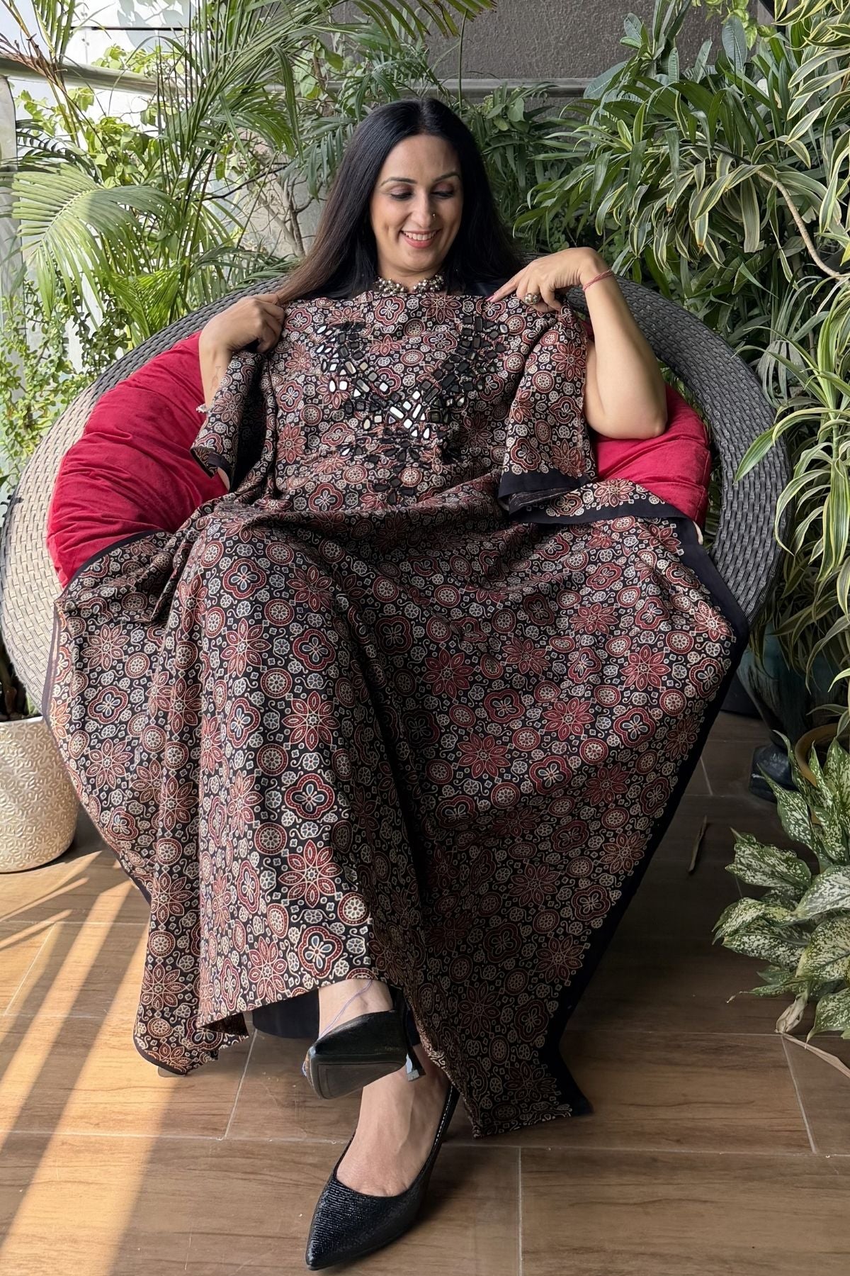 Handblocked pure cotton kurta with Kutch mirror work embroidery!!