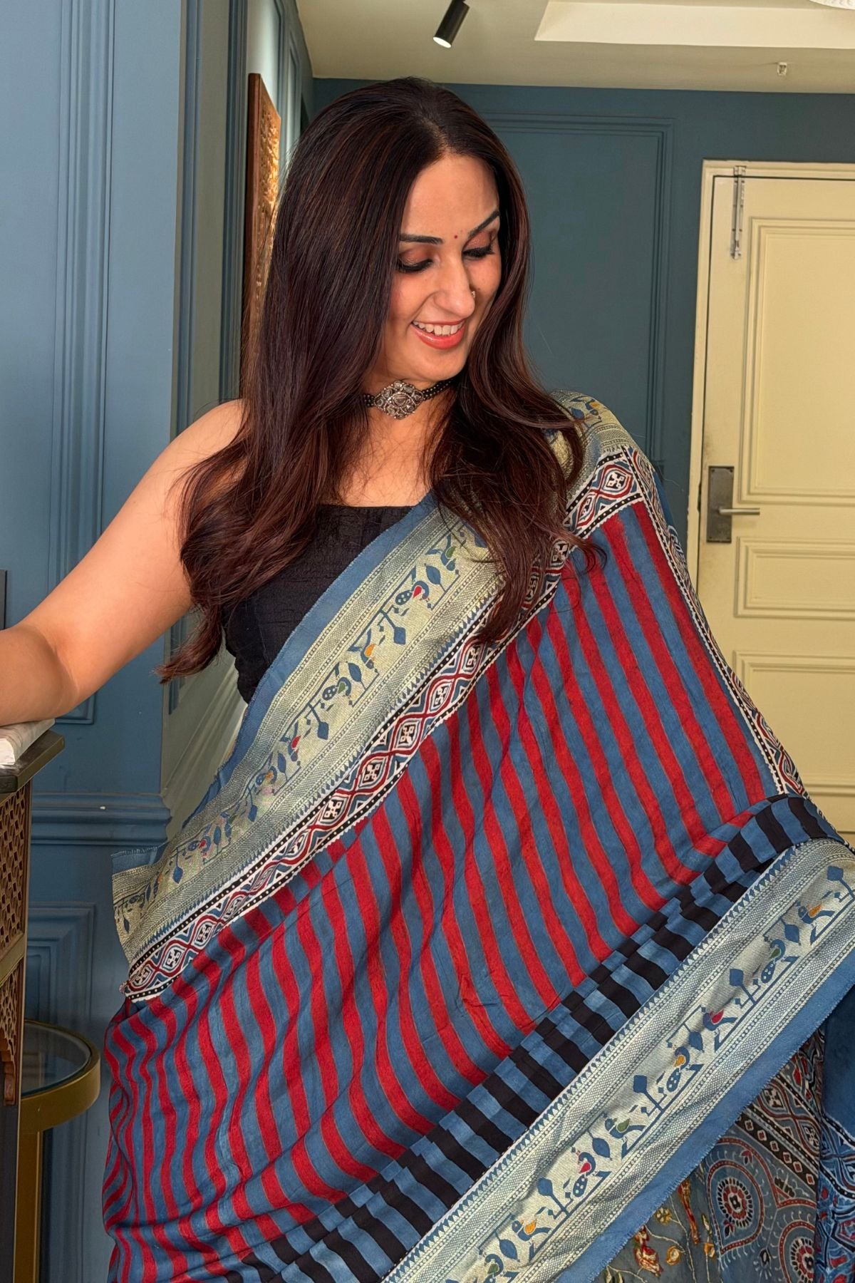 Handblocked Ajrakh with Paithani weave on pure modal saree!!