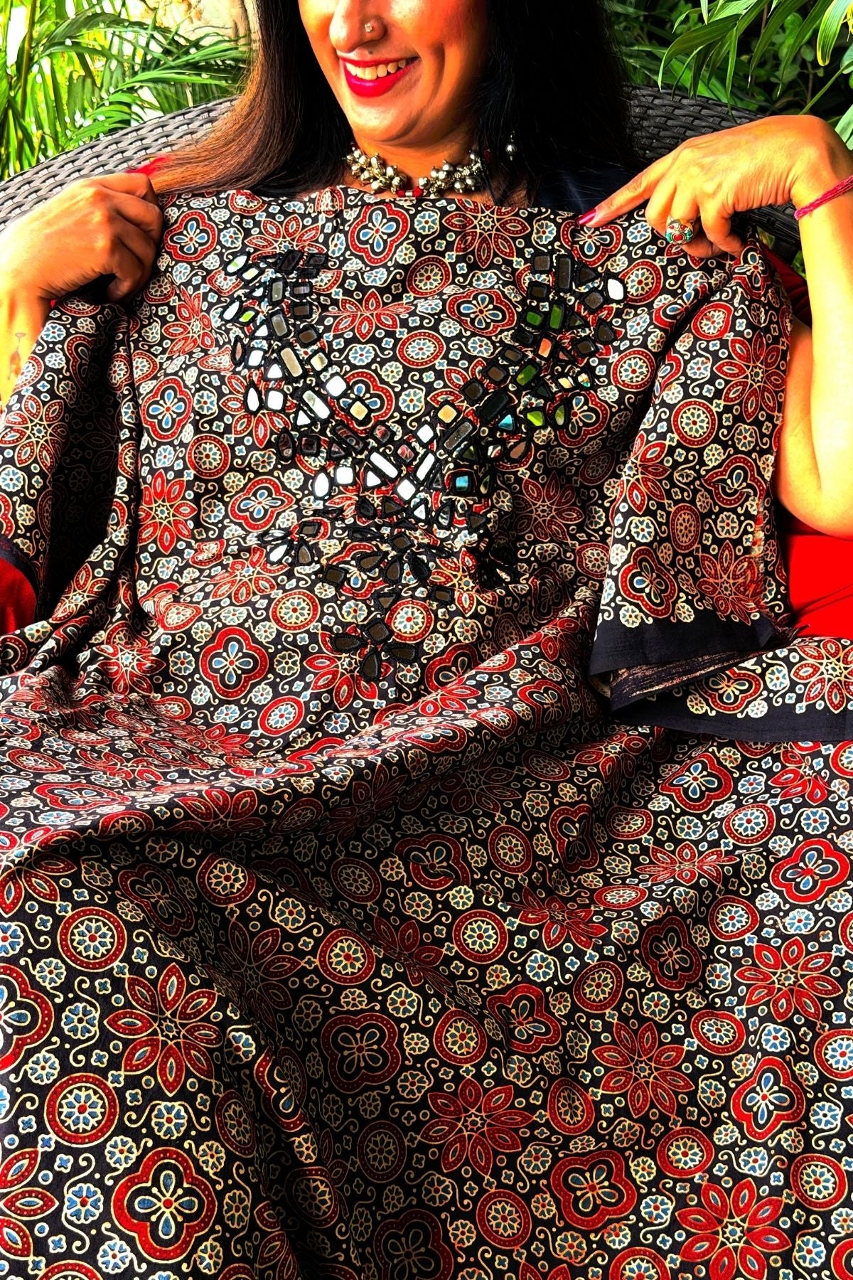 Handblocked pure cotton kurta with Kutch mirror work embroidery!!