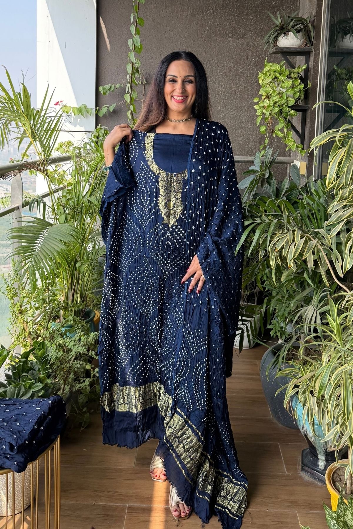 Pure modal silk full set with hand done bandhani and zari weaving!!