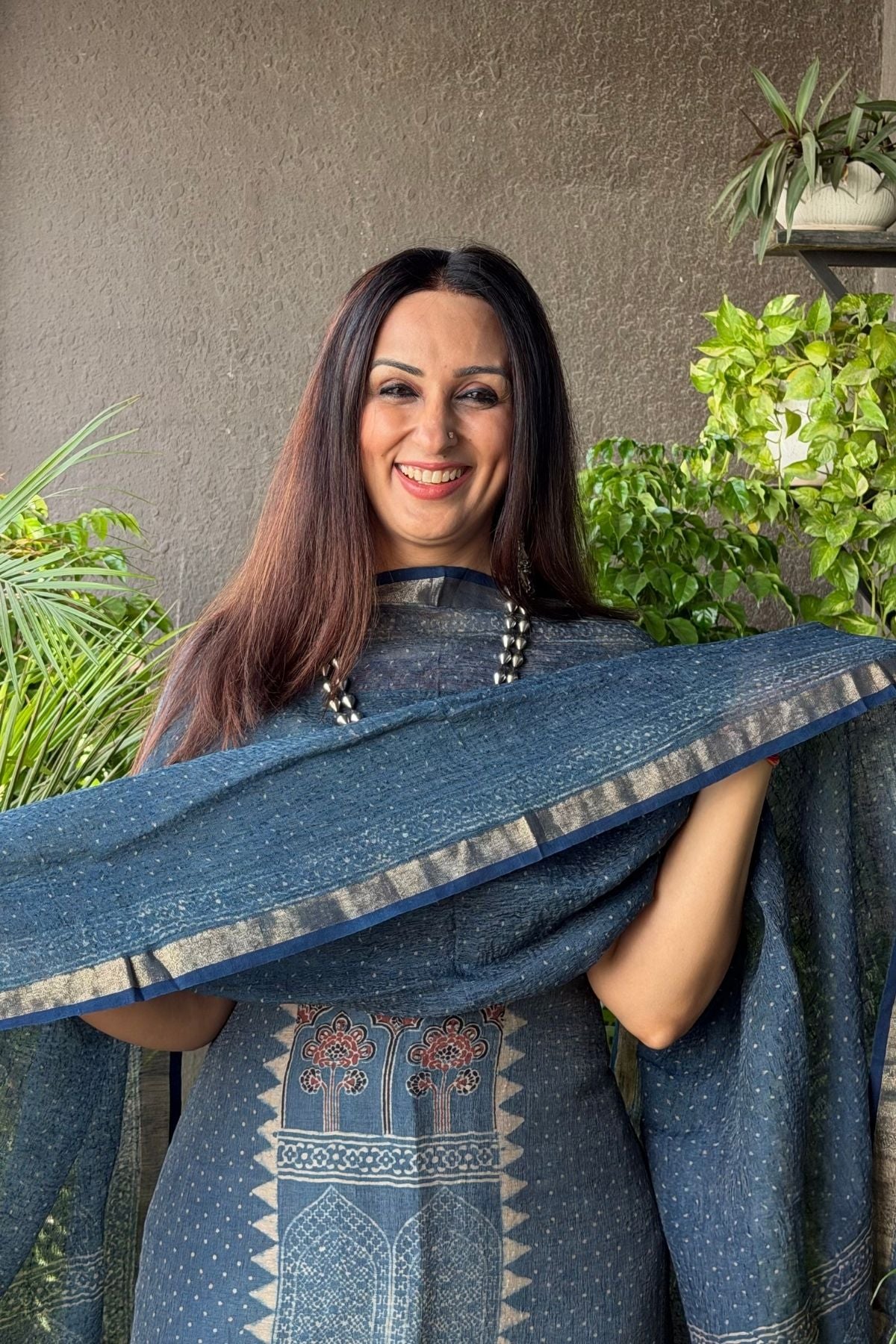 Ajrakh On Pure Linen Silk