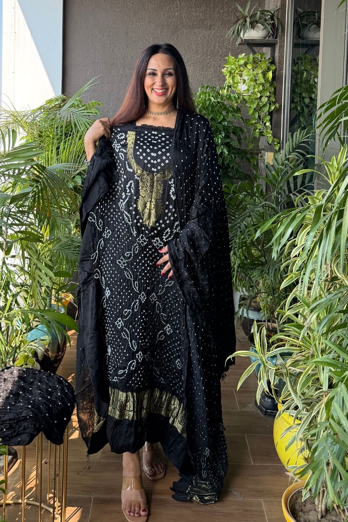 Pure modal silk full set with hand done bandhani and zari weaving!!