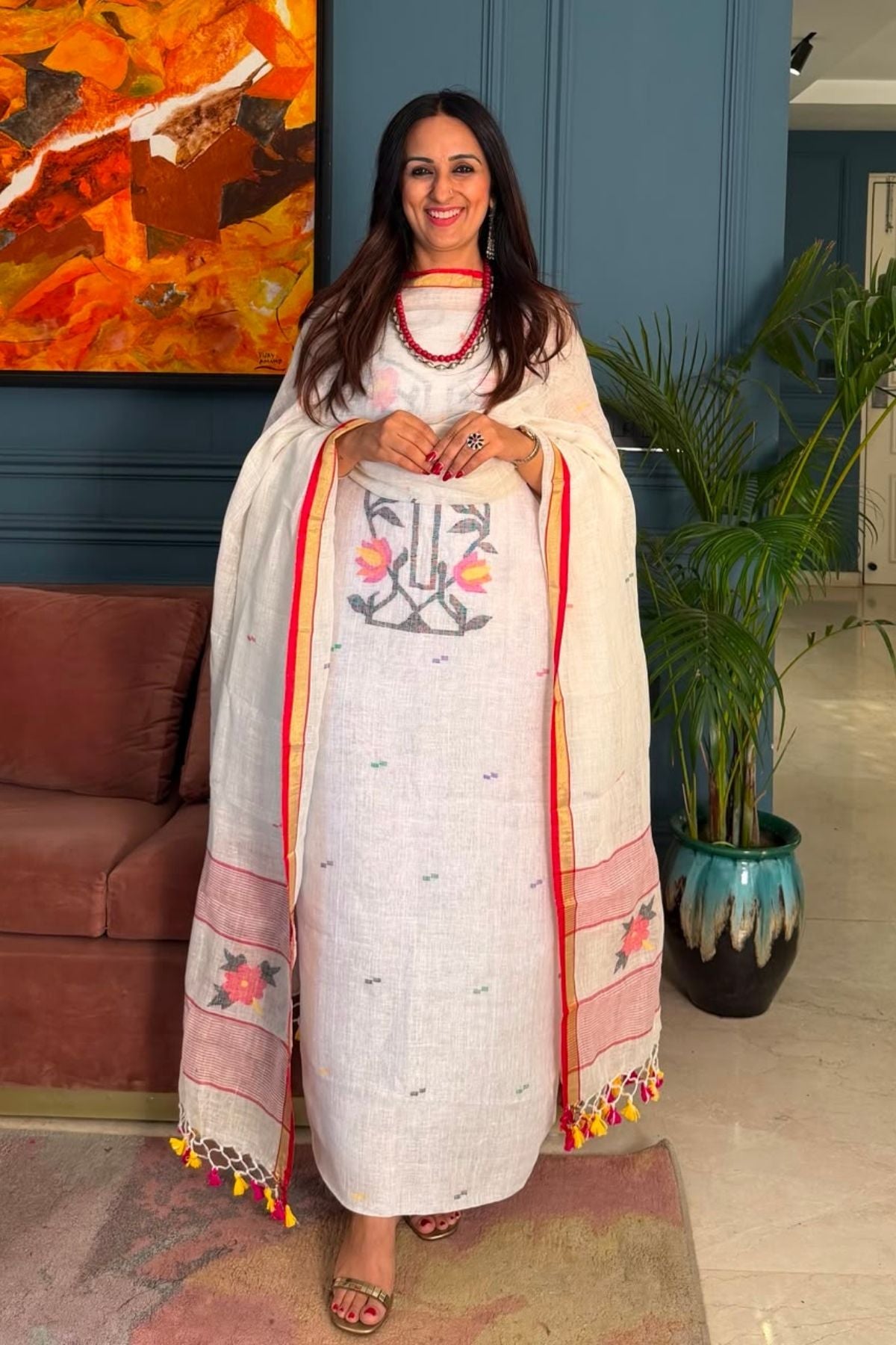 Jamdani weave kurta dupatta set on 100 count linen by linen!!