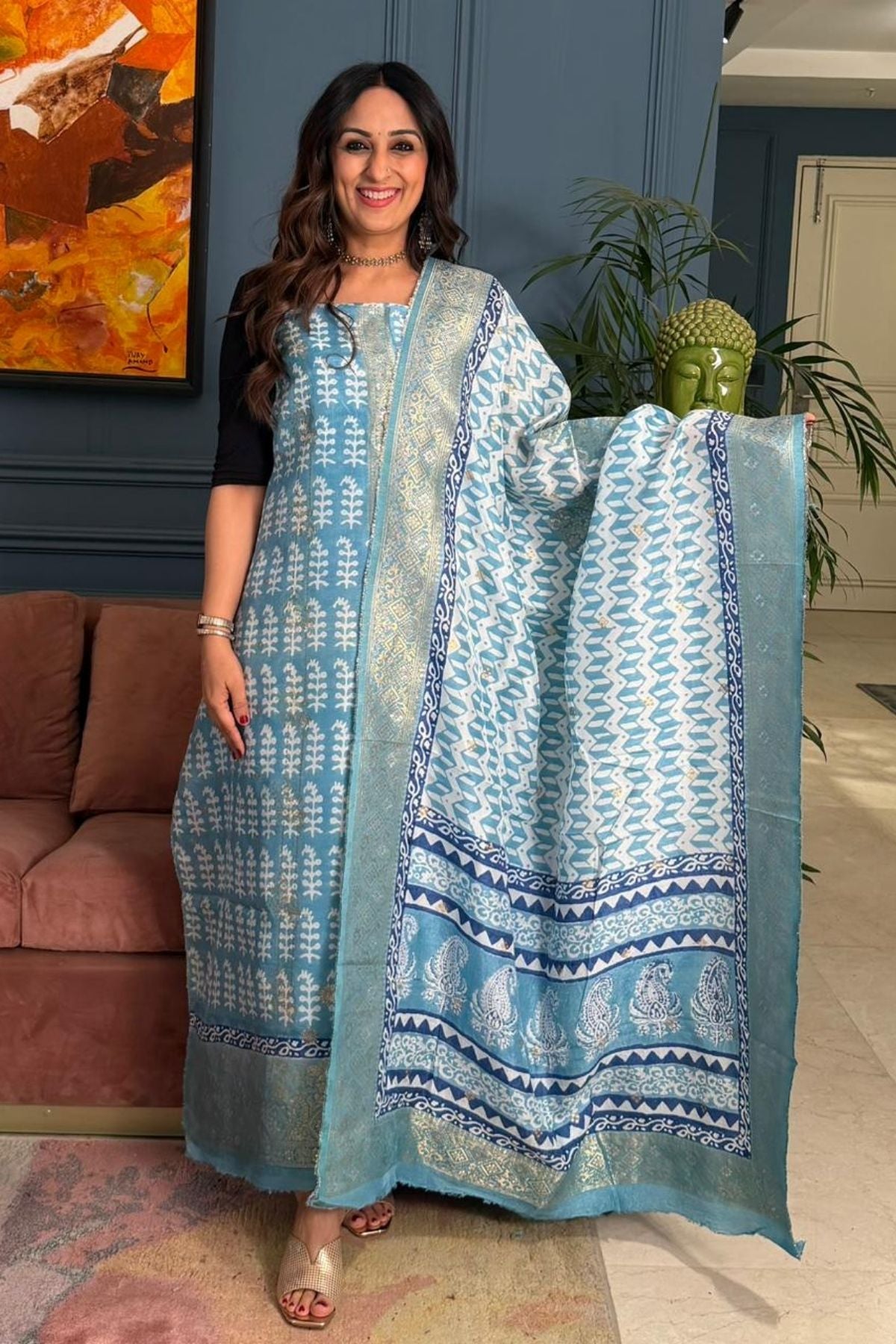 Handblocked Bagh indigo sets on Dola Silk