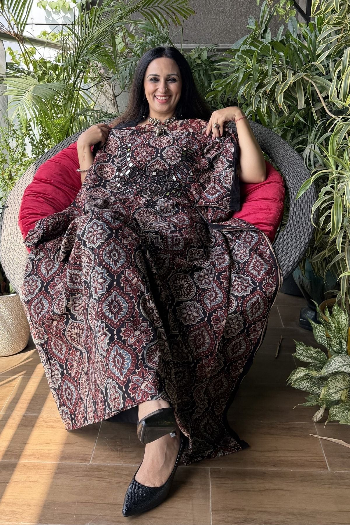 Handblocked pure cotton kurta with Kutch mirror work embroidery!!