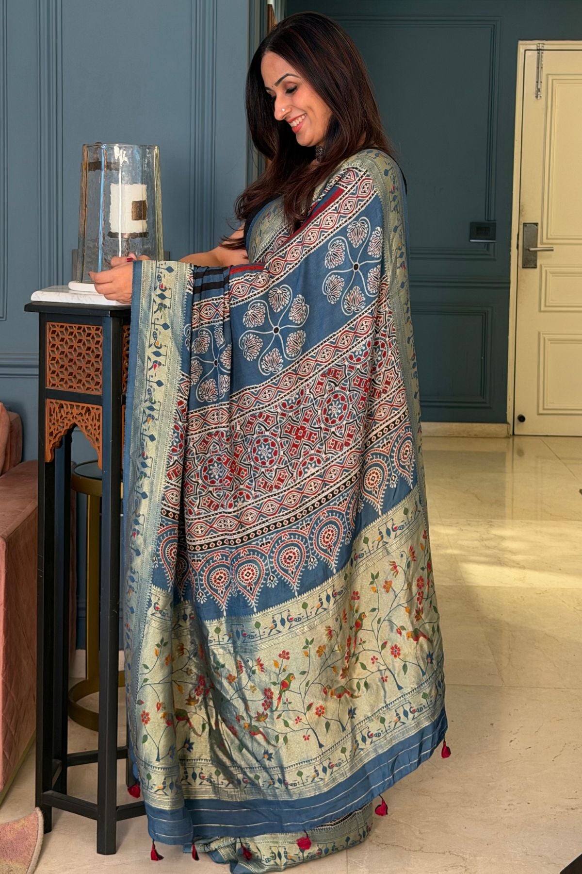 Handblocked Ajrakh with Paithani weave on pure modal saree!!