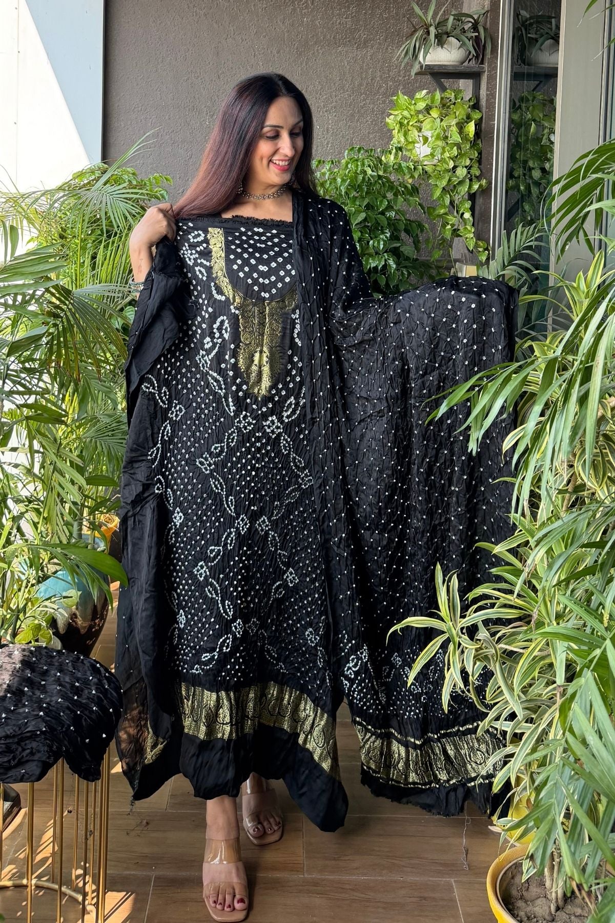 Pure modal silk full set with hand done bandhani and zari weaving!!