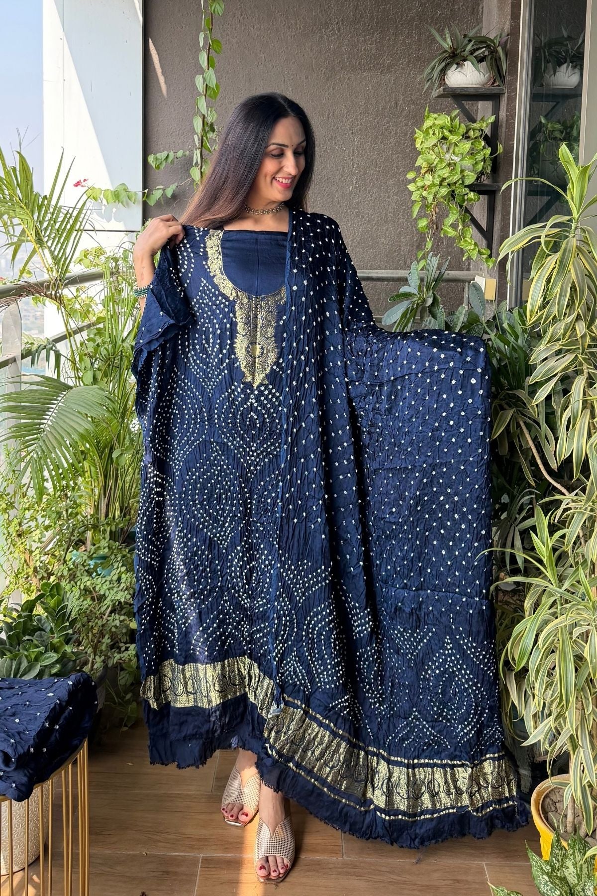 Pure modal silk full set with hand done bandhani and zari weaving!!