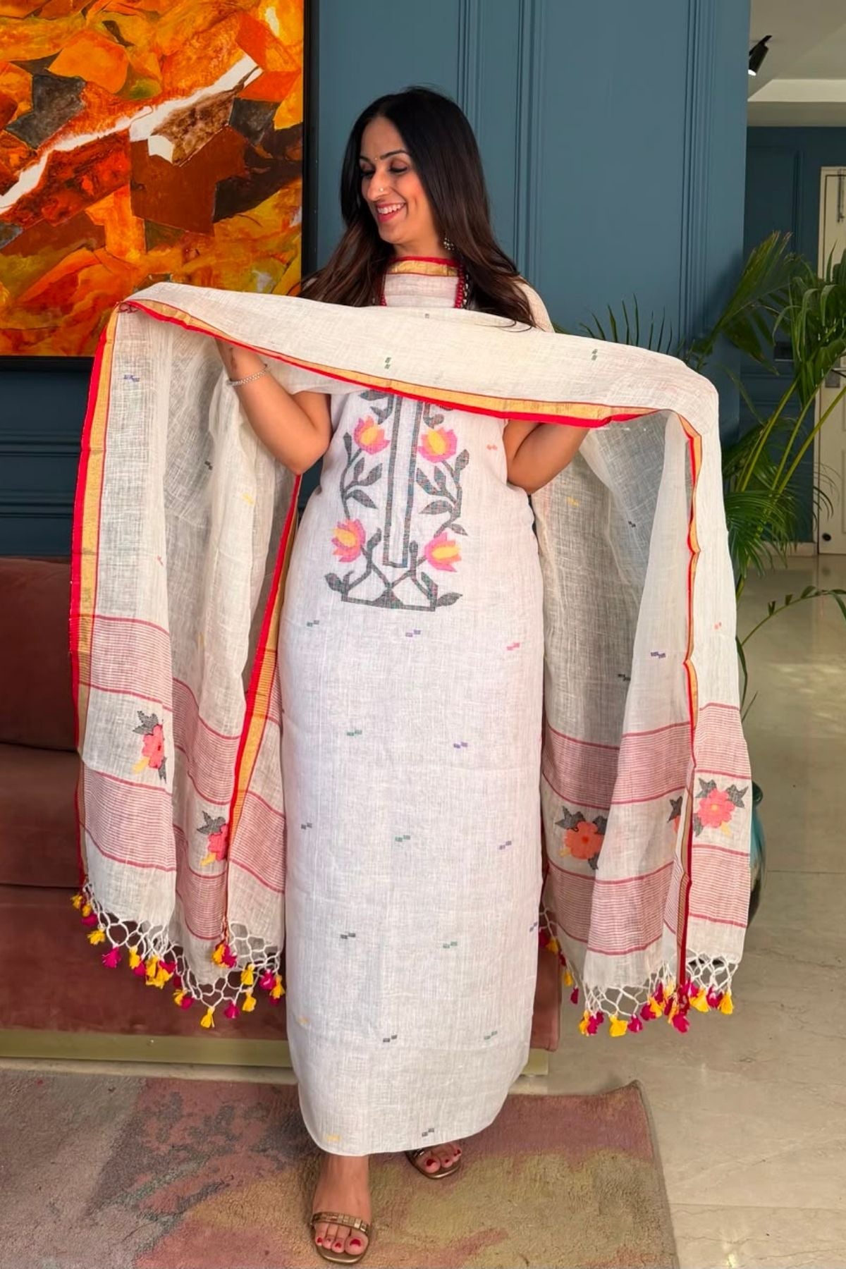 Jamdani weave kurta dupatta set on 100 count linen by linen!!
