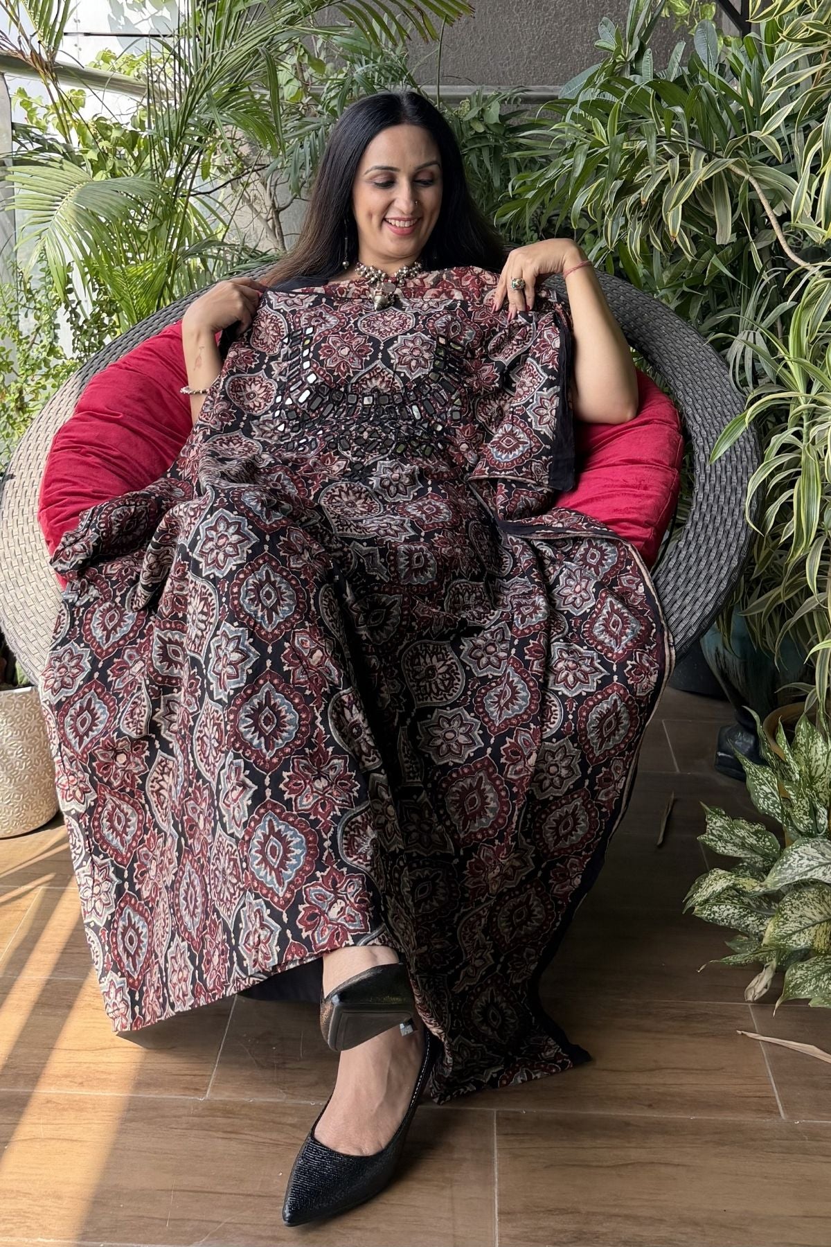 Handblocked pure cotton kurta with Kutch mirror work embroidery!!