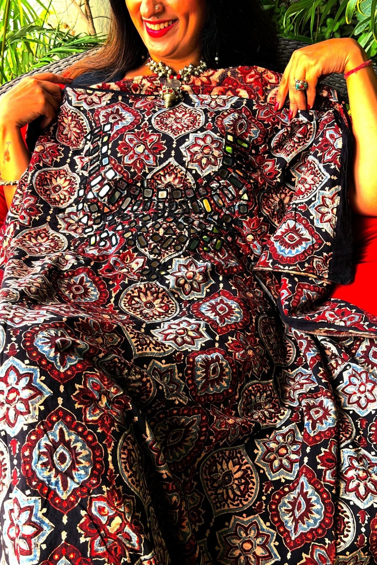Handblocked pure cotton kurta with Kutch mirror work embroidery!!