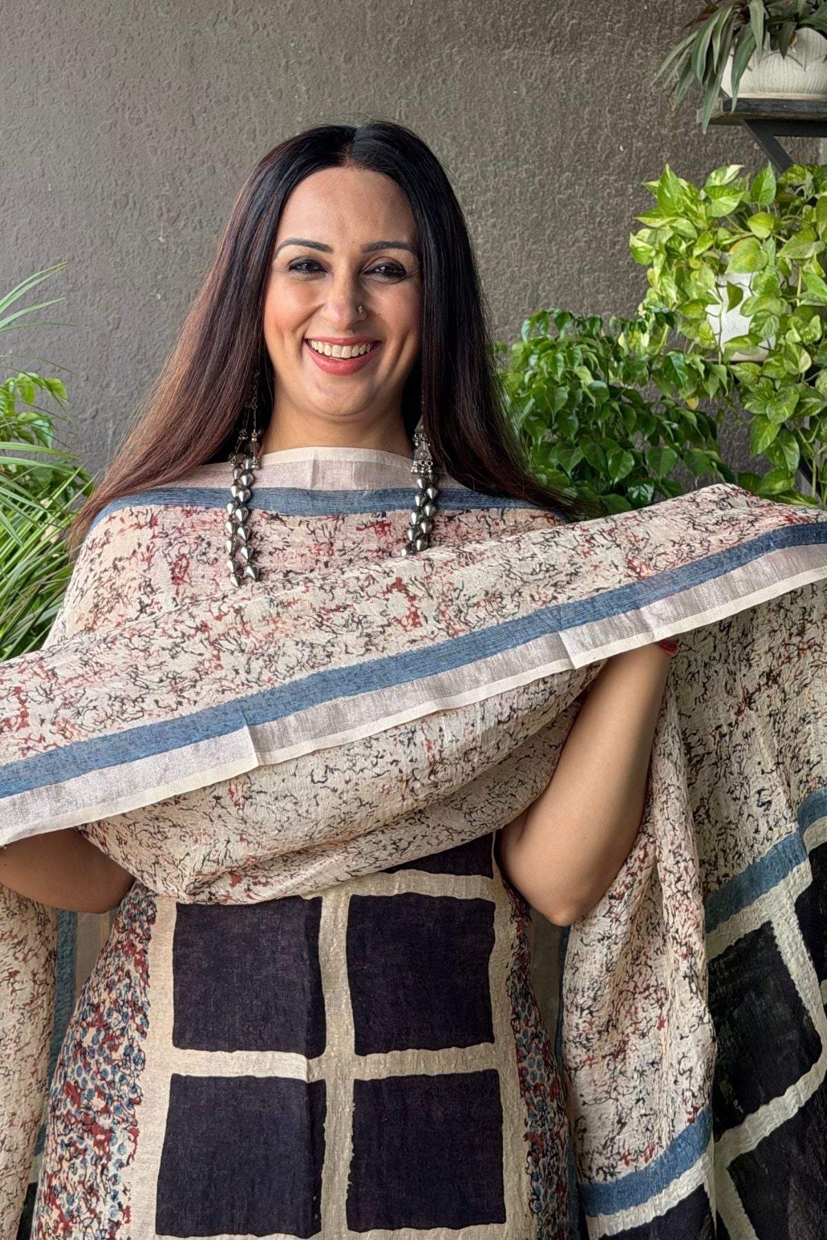 Ajrakh On Pure Linen Silk