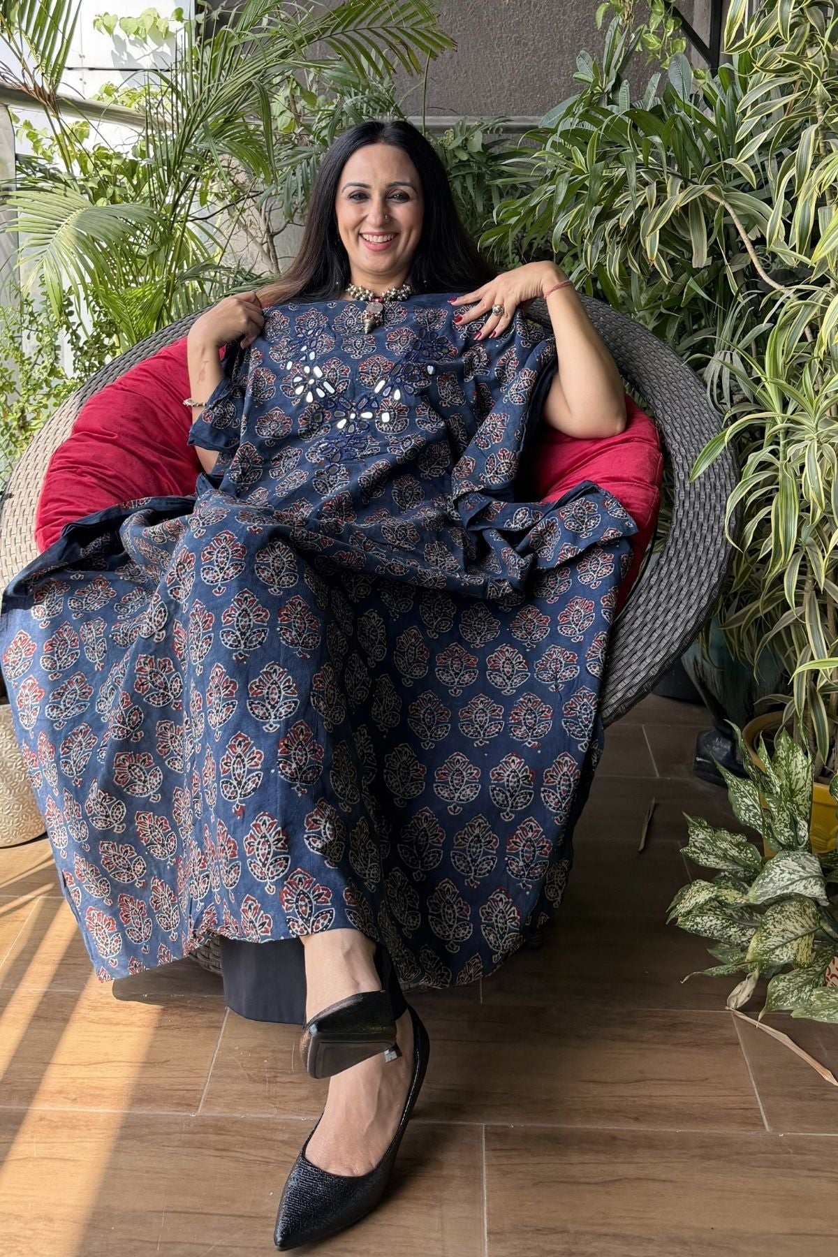 Handblocked pure cotton kurta with Kutch mirror work embroidery!!