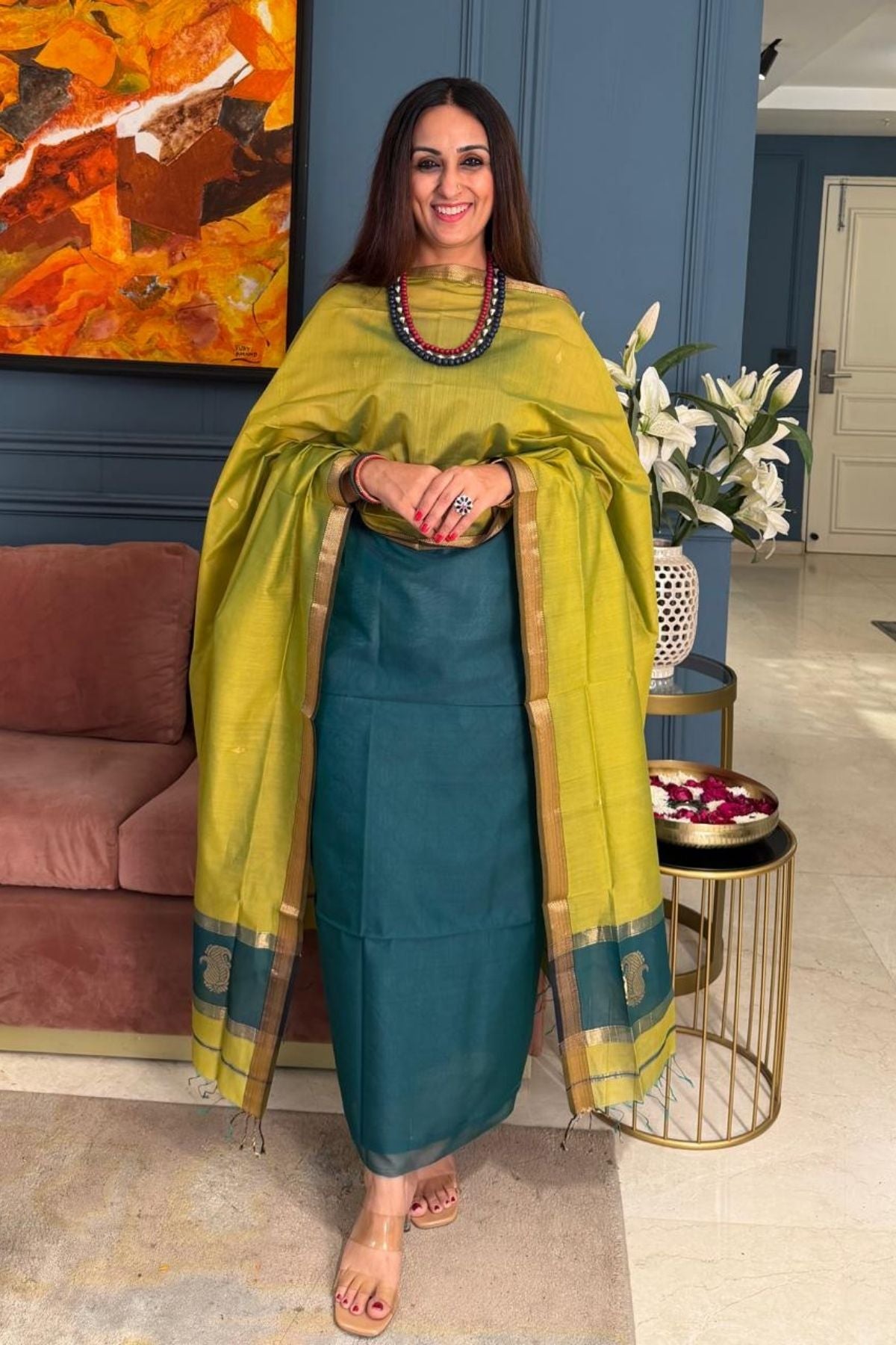 Maheshwari handloom silk by cotton kurta dupatta set