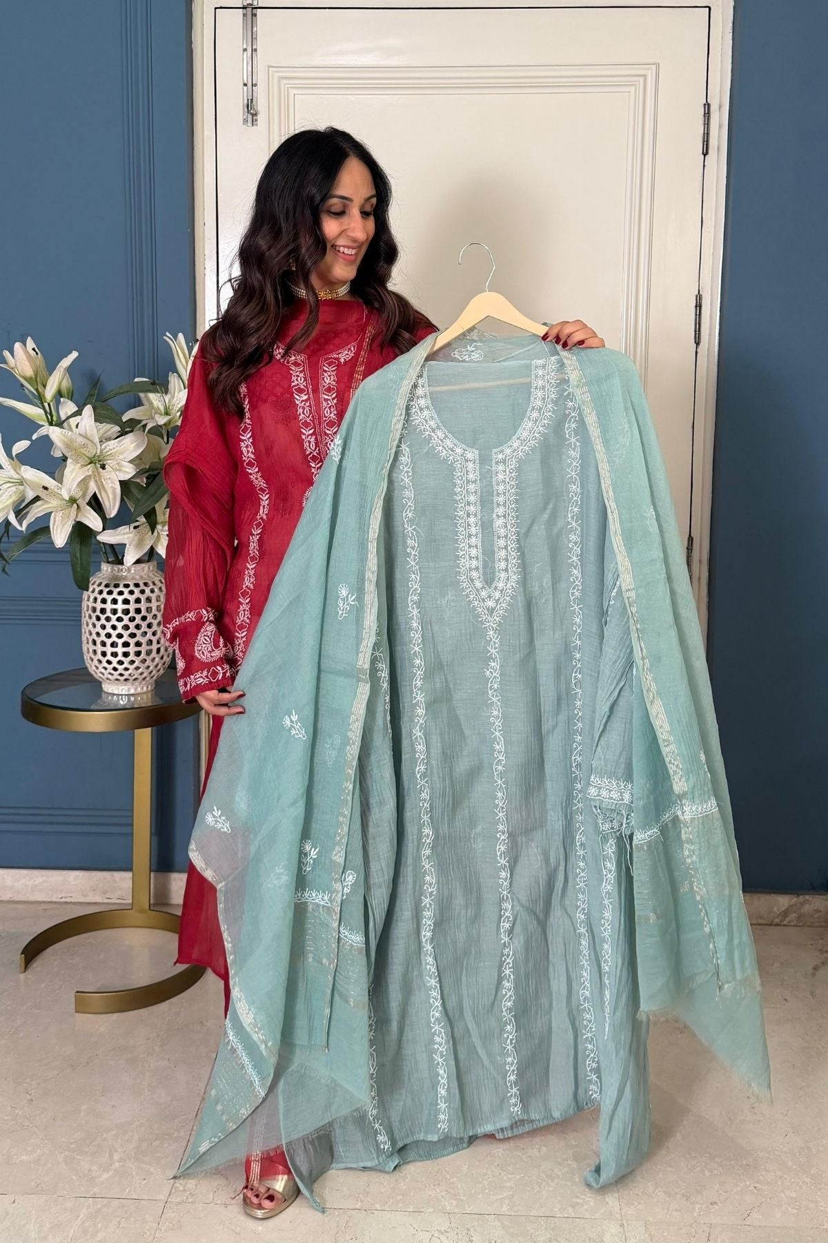 Pure Mul cotton semi stitched Chikankari kurta dupatta set!!!