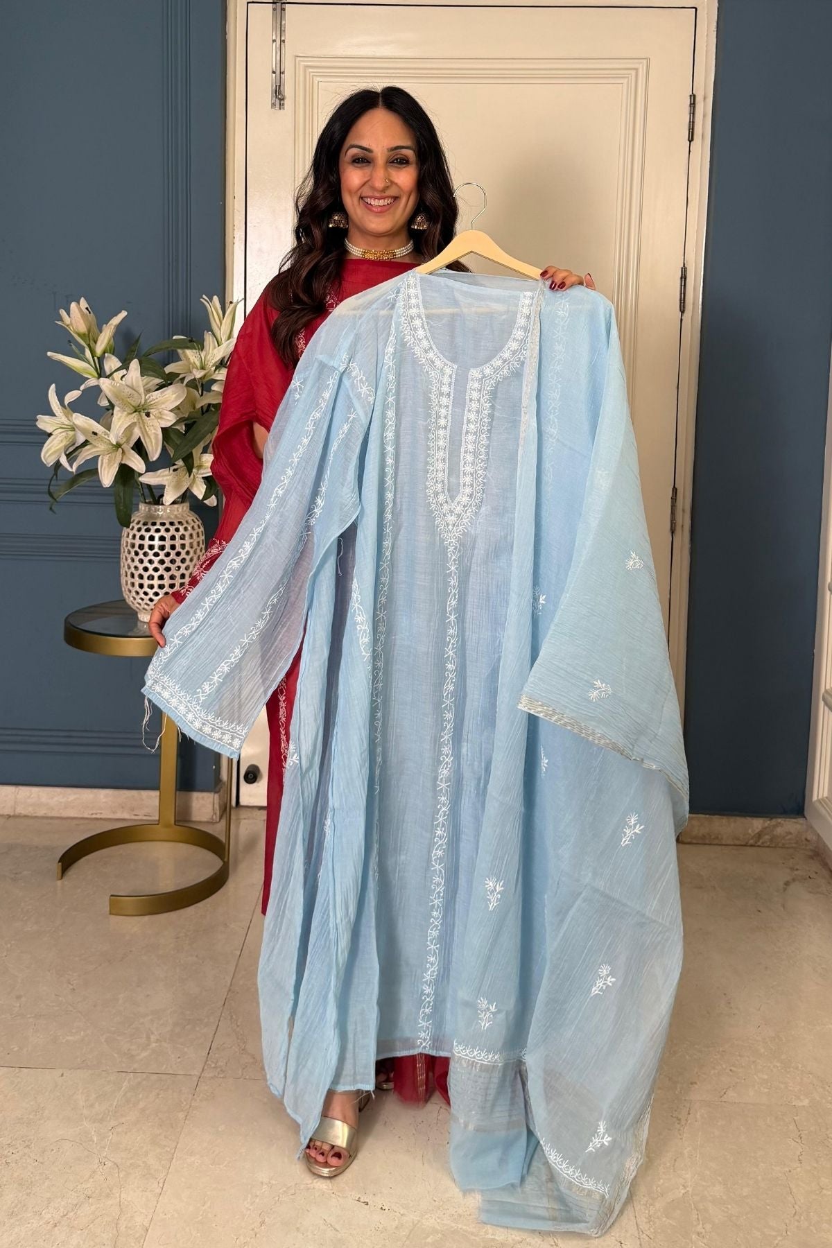 Pure Mul cotton semi stitched Chikankari kurta dupatta set!!!