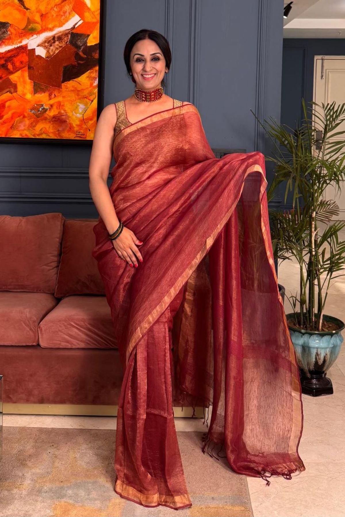 Handwoven pure tissue linen saree