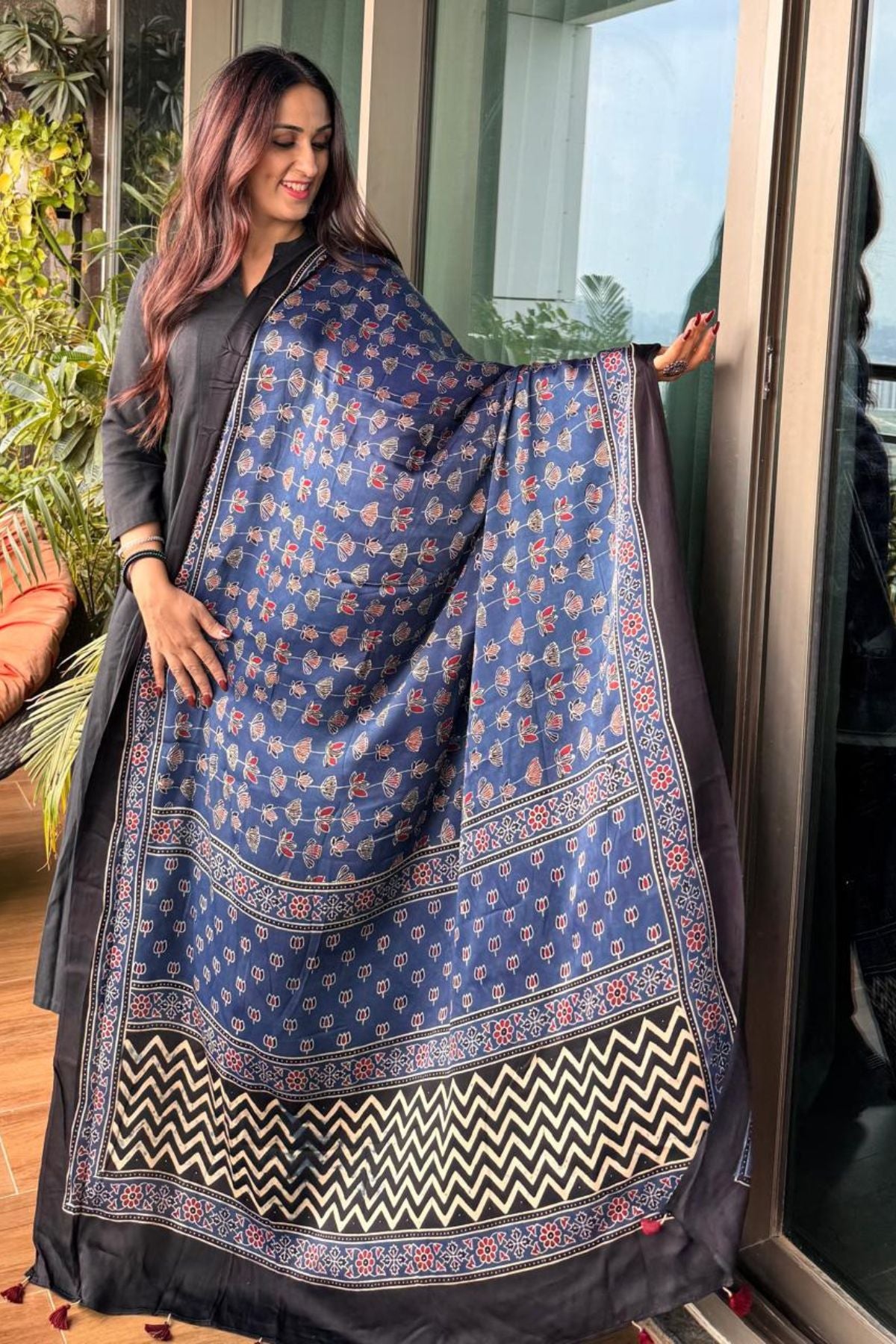 Handblocked Ajrakh dupatta on pure modal satin