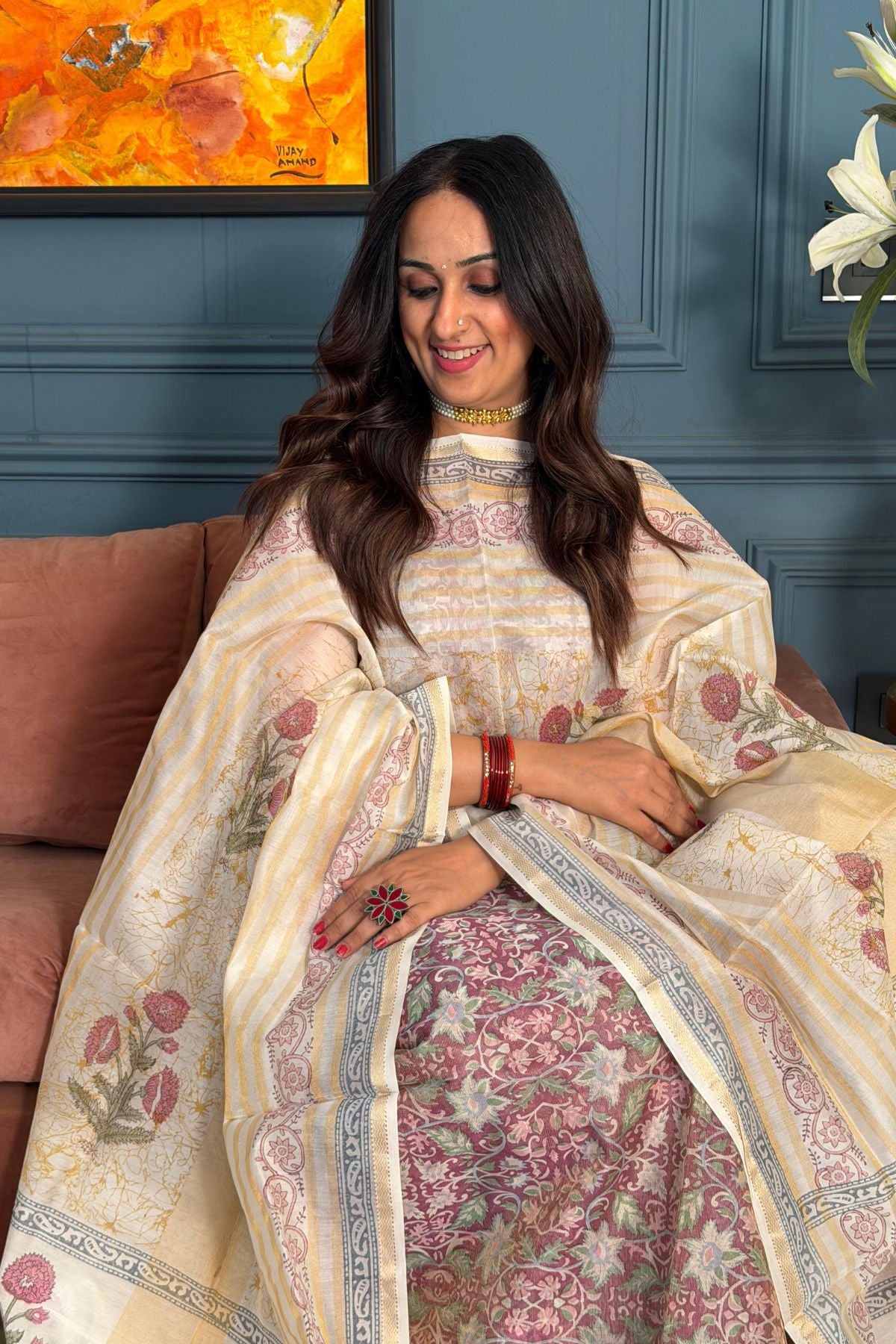 Handblocked Maheshwari kurta dupatta set!!