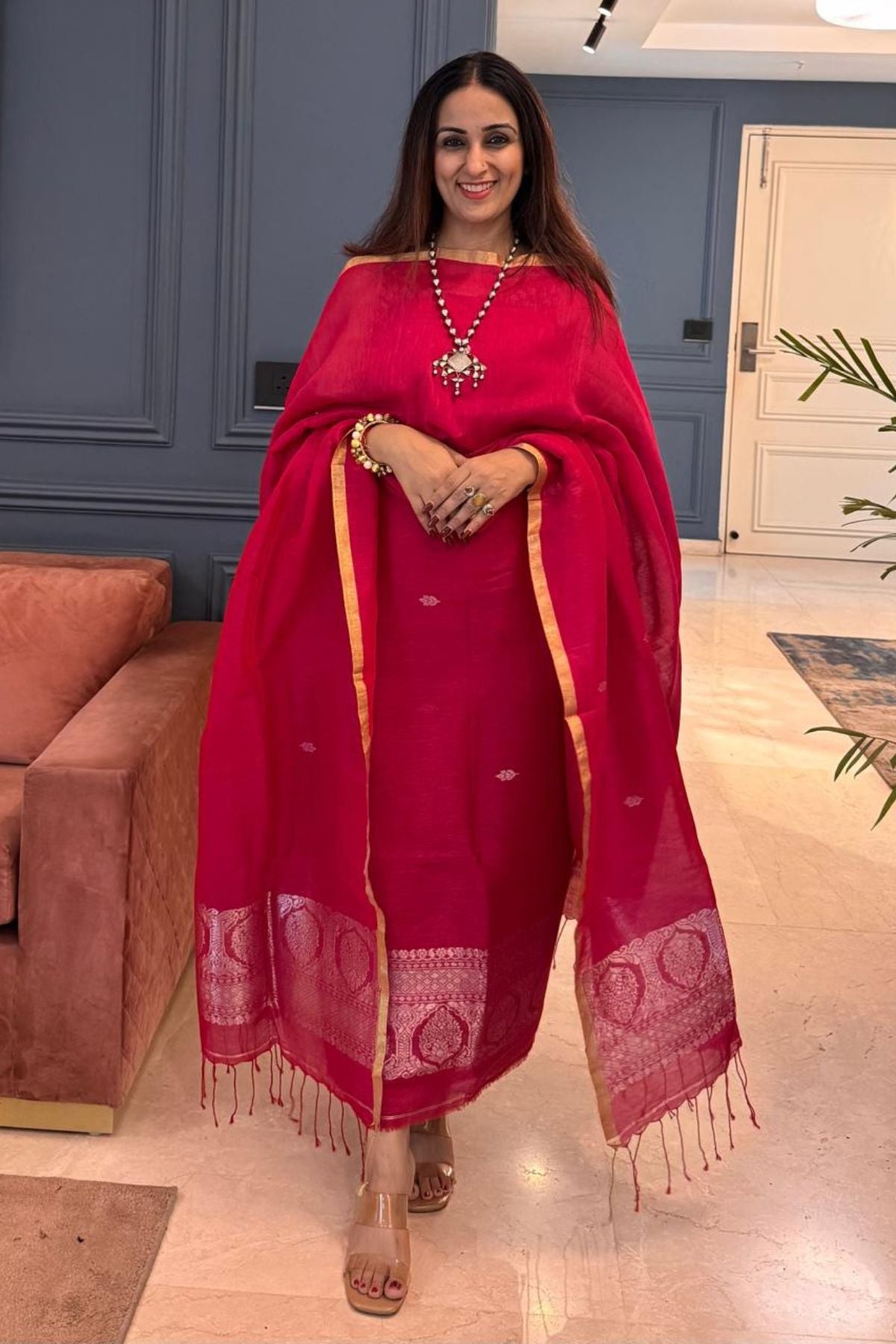 Jamdani and Banarasi weave kurta dupatta set
