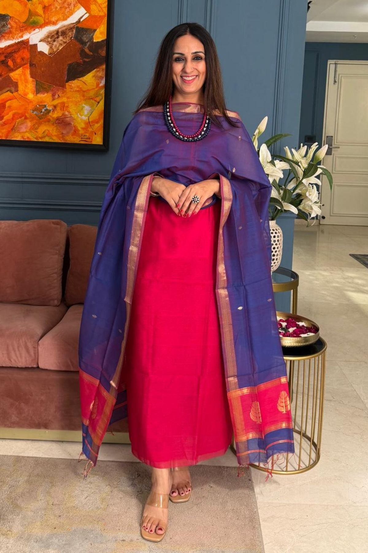 Maheshwari handloom silk by cotton kurta dupatta set