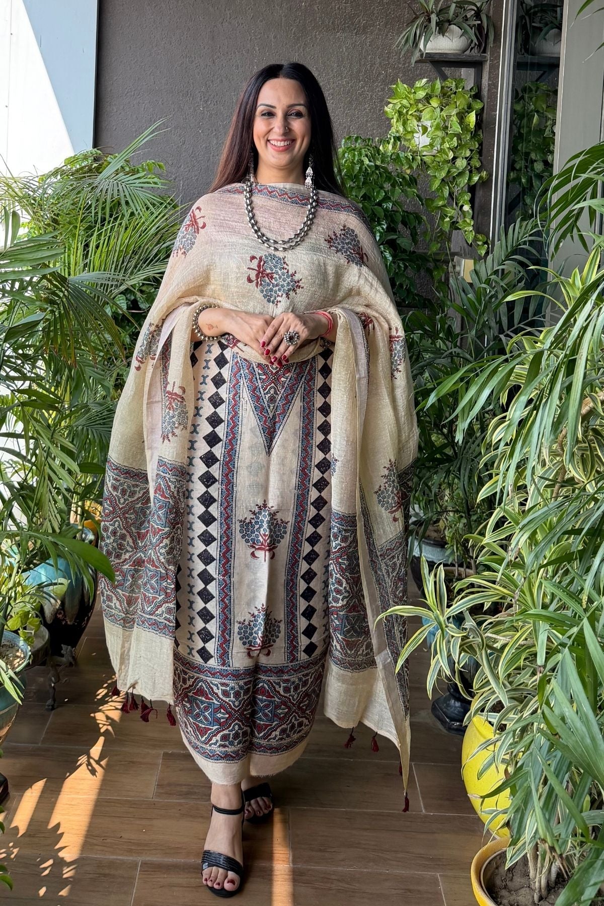 Ajrakh On Pure Linen Silk