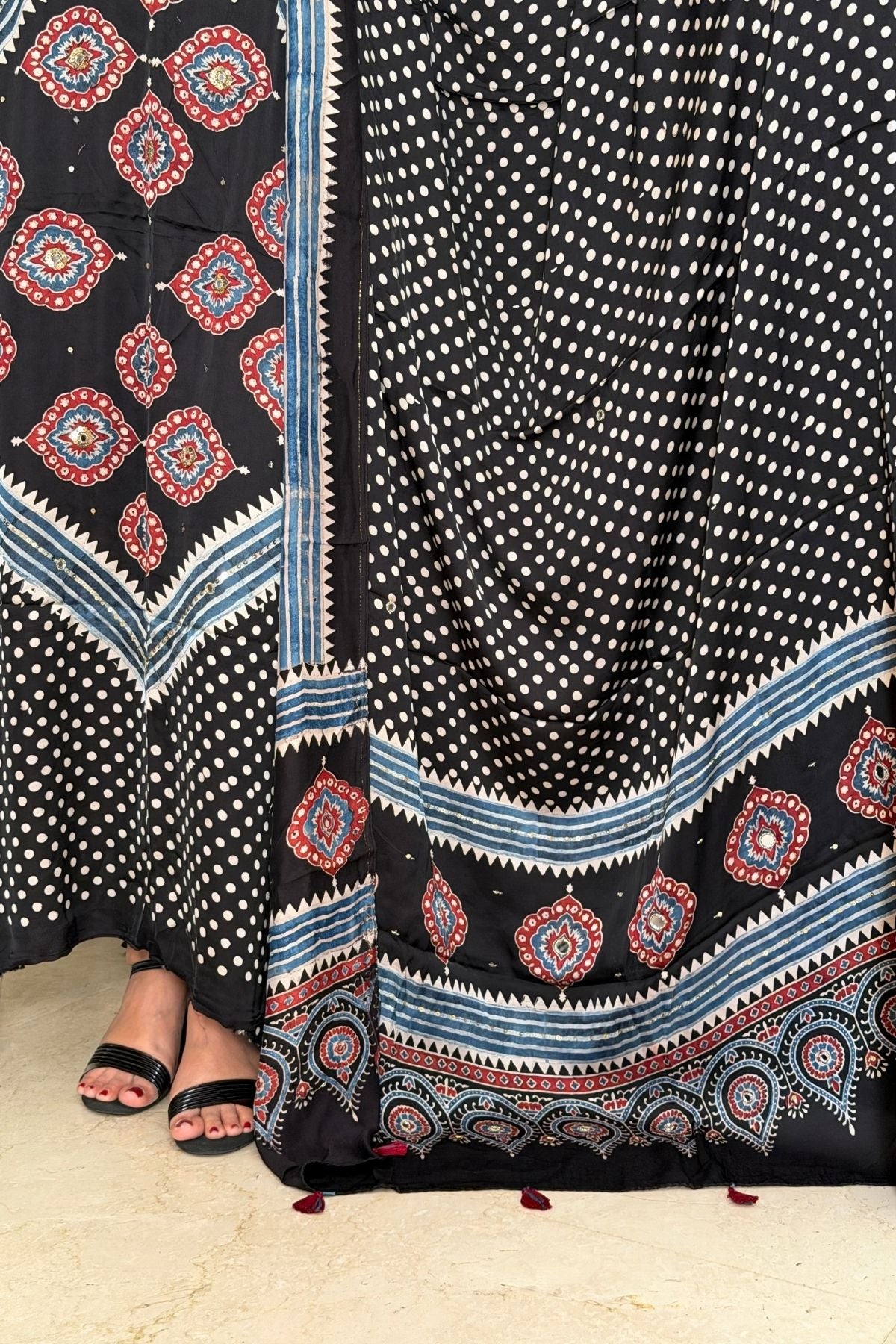 Handblocked Ajrakh kurta dupatta set with very intricate hand embroidery!!