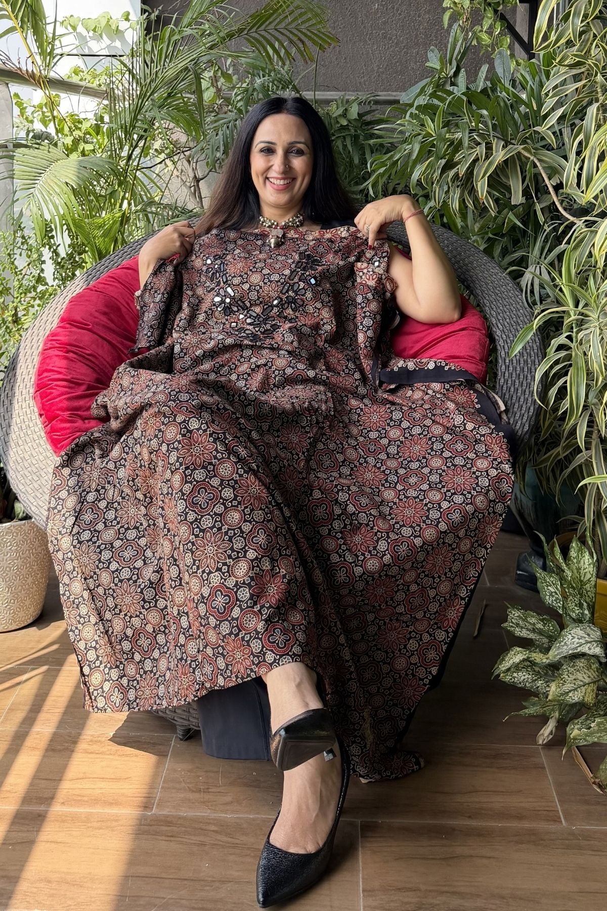 Handblocked pure cotton kurta with Kutch mirror work embroidery!!