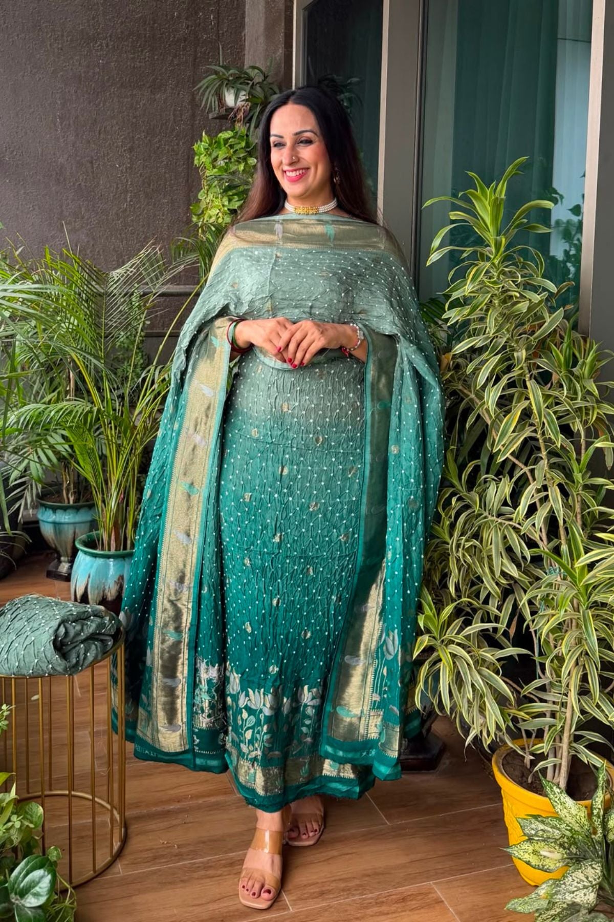 Pure modal silk full set with hand done bandhani and zari weaving!!