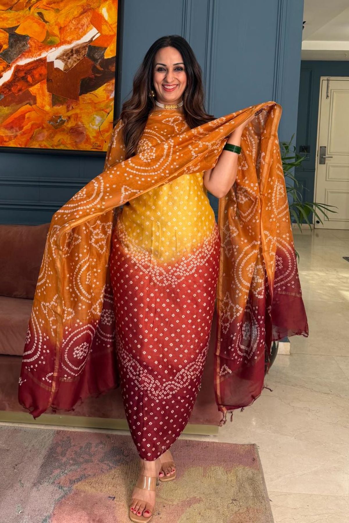 Bandhani kurta dupatta set on shaded Chanderi silk!!