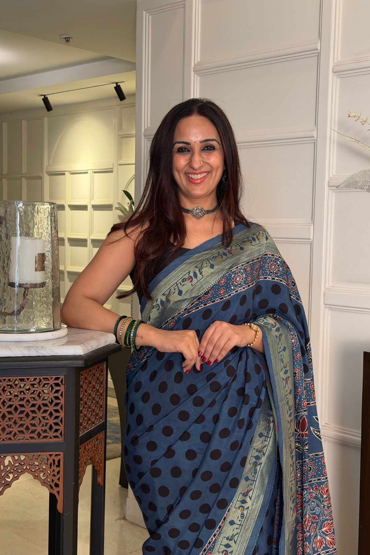 Handblocked Ajrakh with Paithani weave on pure modal saree!!