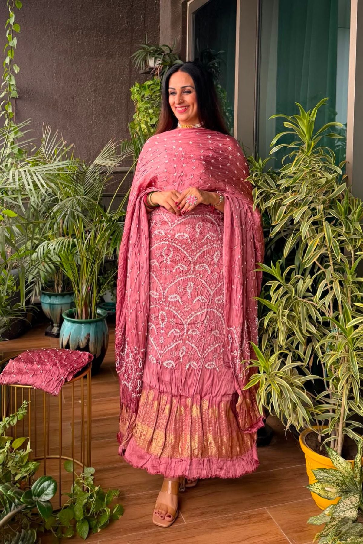 Pure modal silk full set with hand done bandhani and zari weaving!!