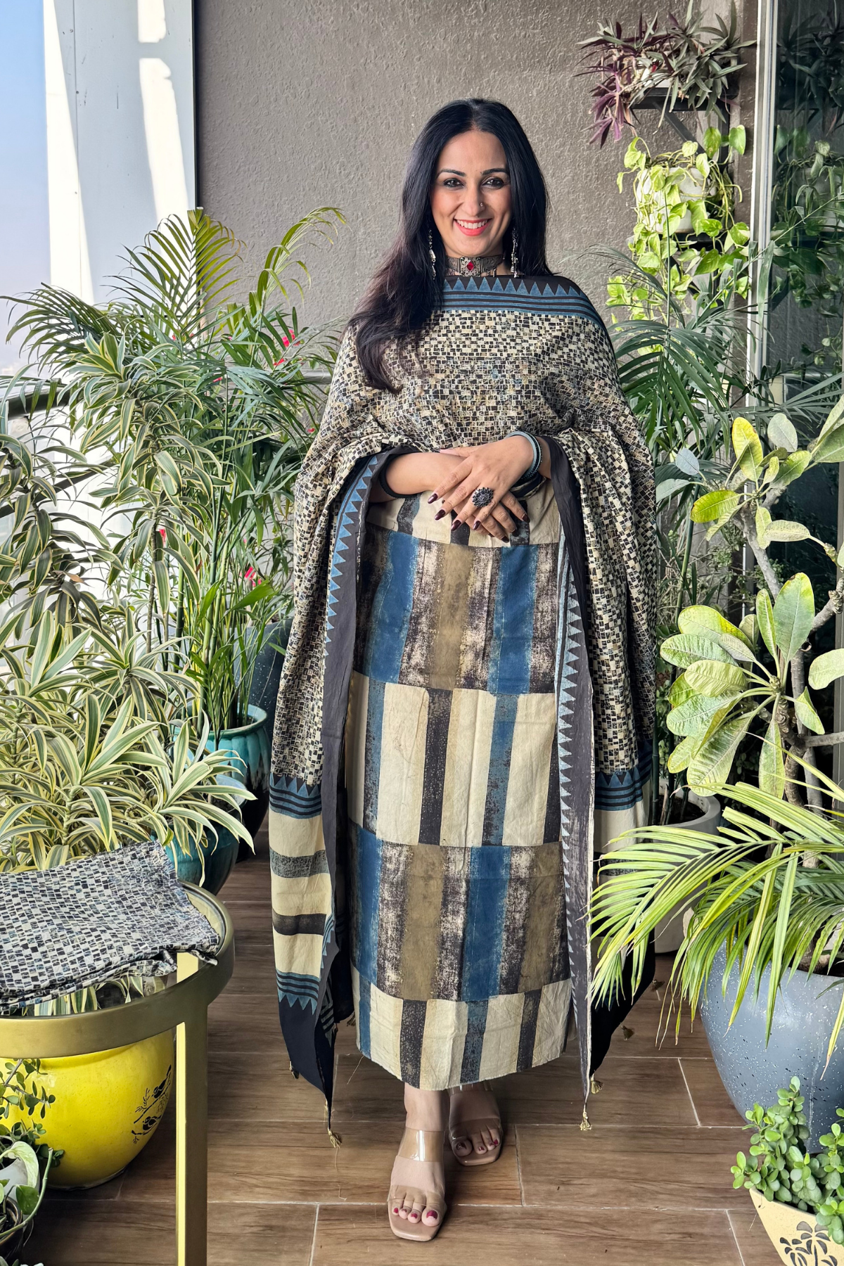 Contempary degine ajrakh suits set ivory base