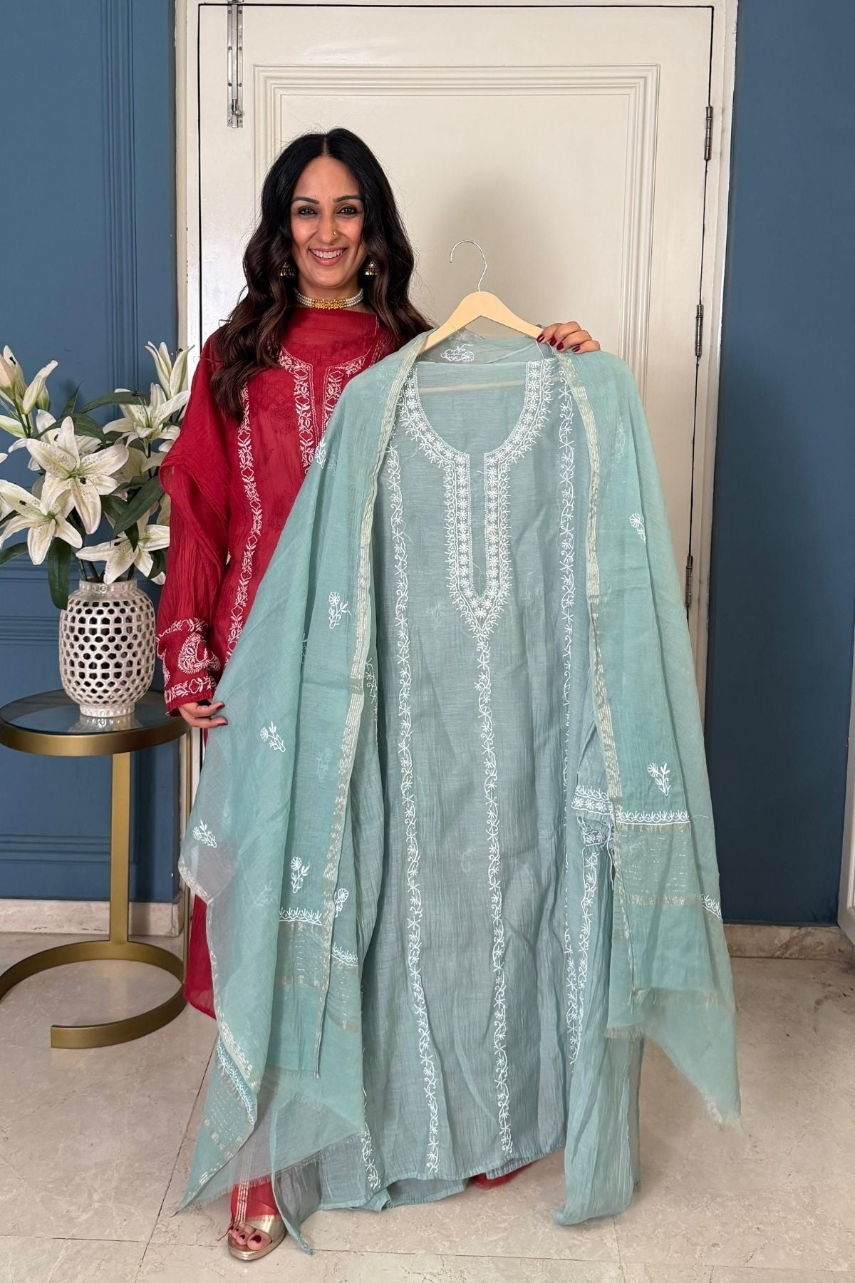 Pure Mul cotton semi stitched Chikankari kurta dupatta set!!!