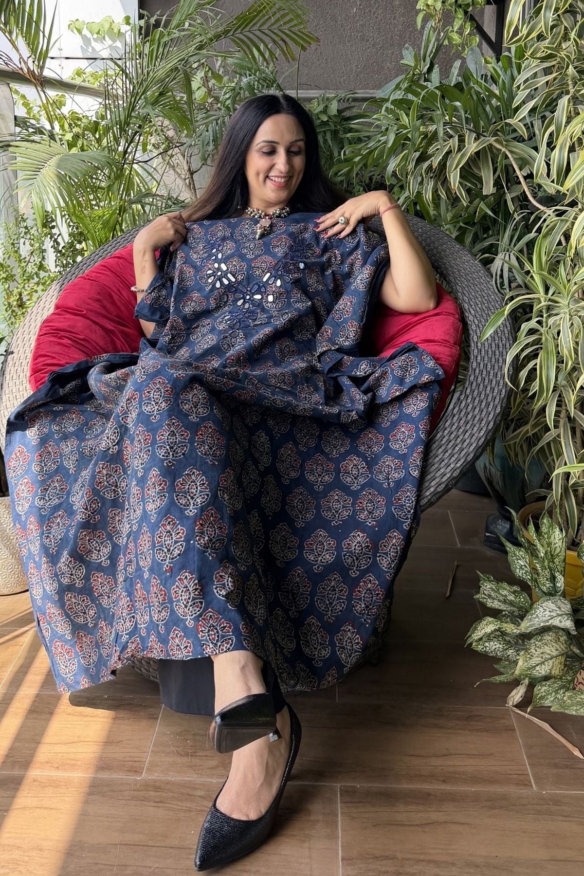 Handblocked pure cotton kurta with Kutch mirror work embroidery!!