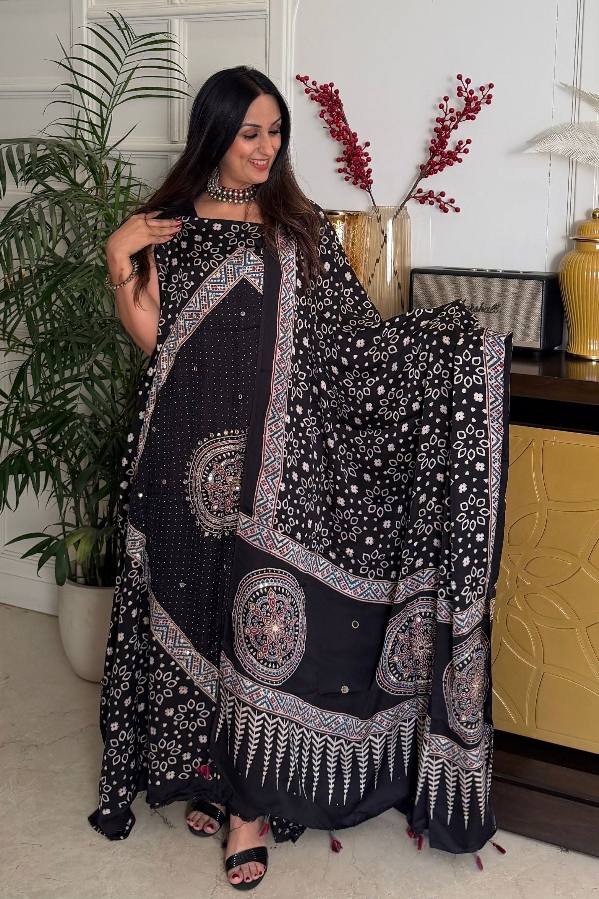 Handblocked Ajrakh kurta dupatta set with very intricate hand embroidery!!