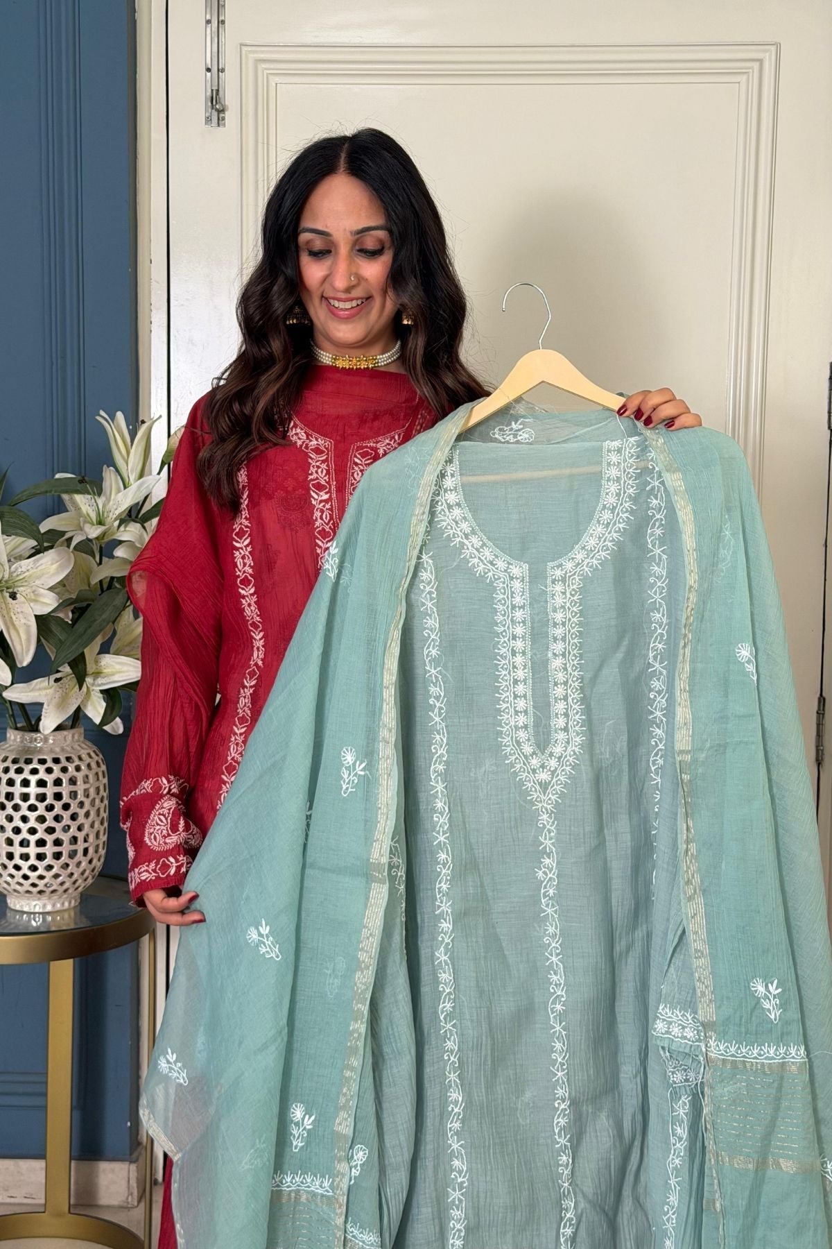 Pure Mul cotton semi stitched Chikankari kurta dupatta set!!!