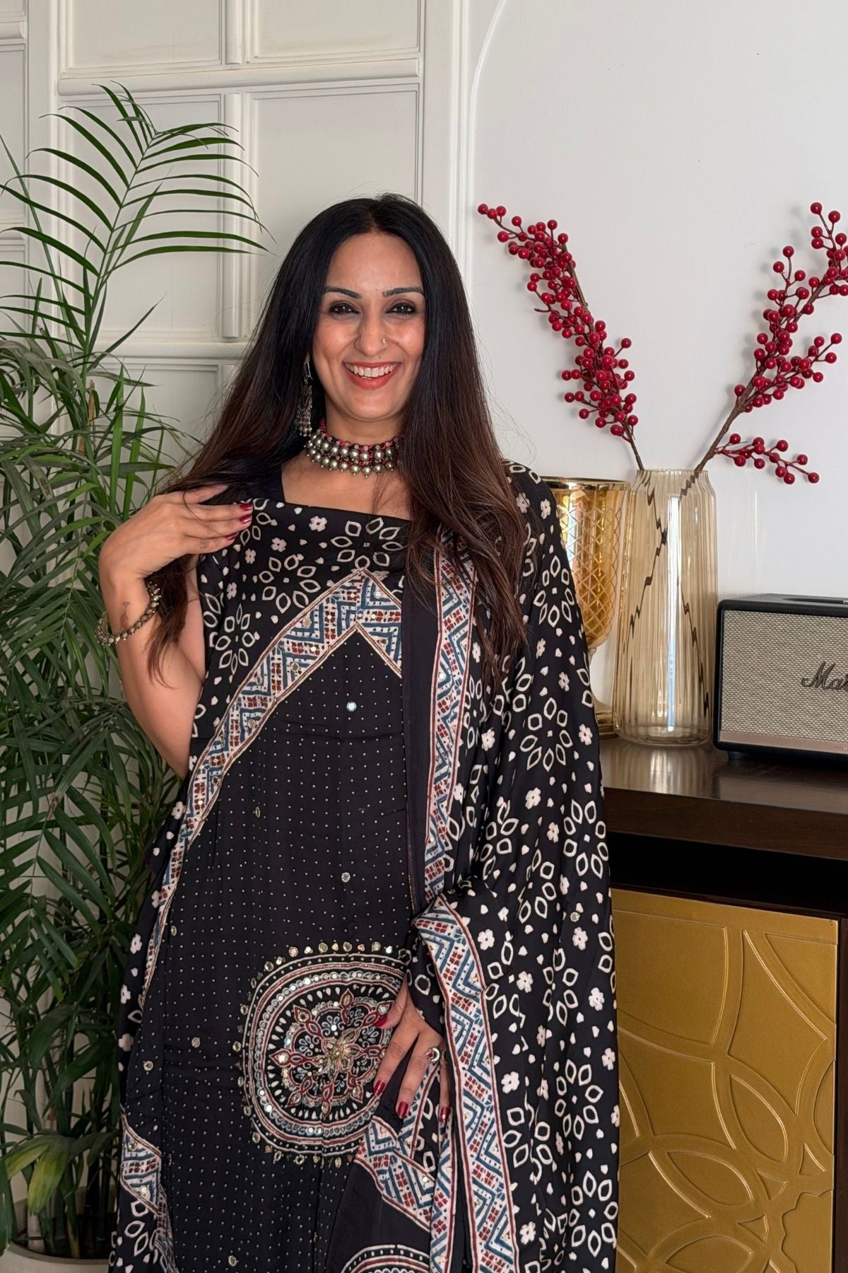 Handblocked Ajrakh kurta dupatta set with very intricate hand embroidery!!