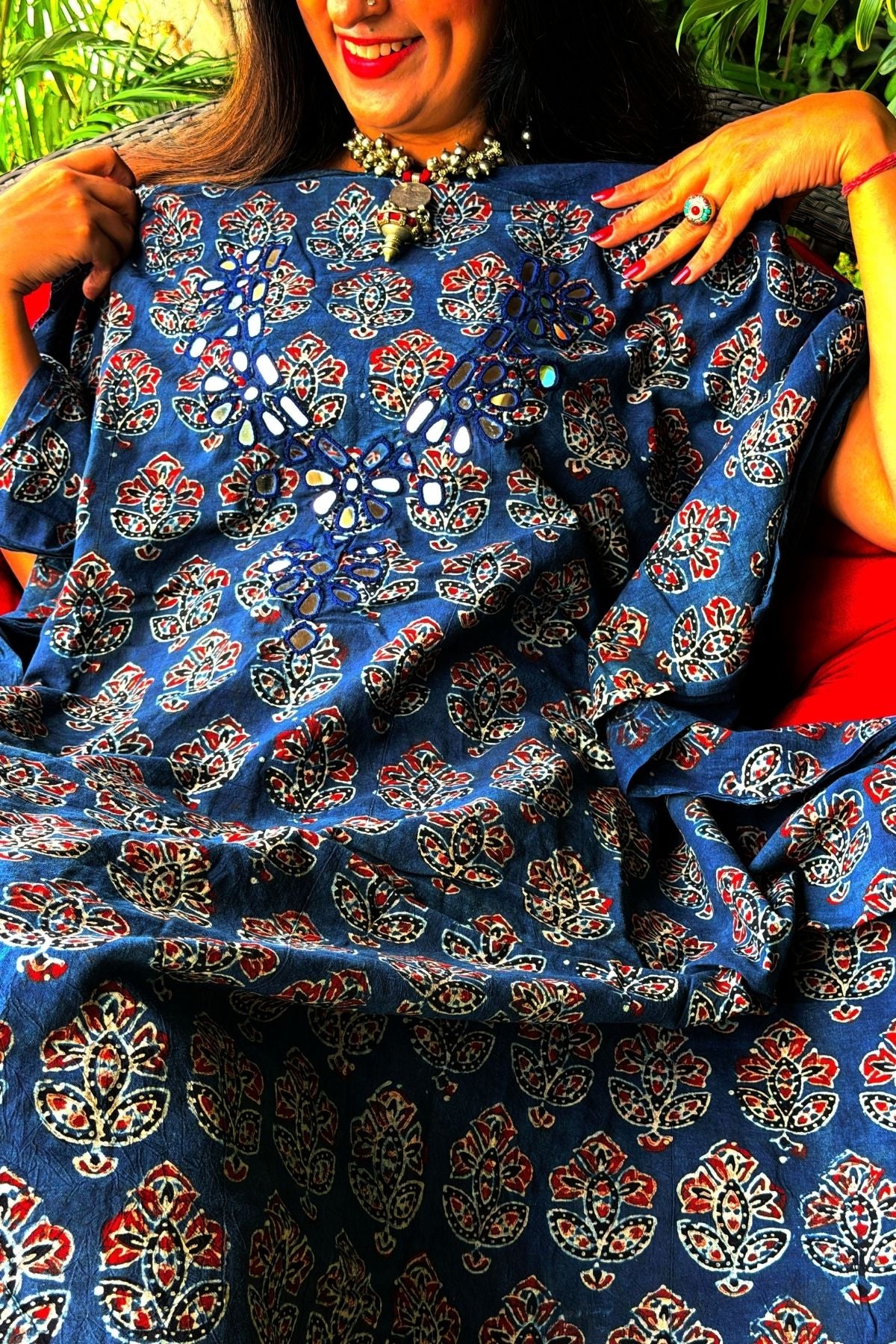 Handblocked pure cotton kurta with Kutch mirror work embroidery!!