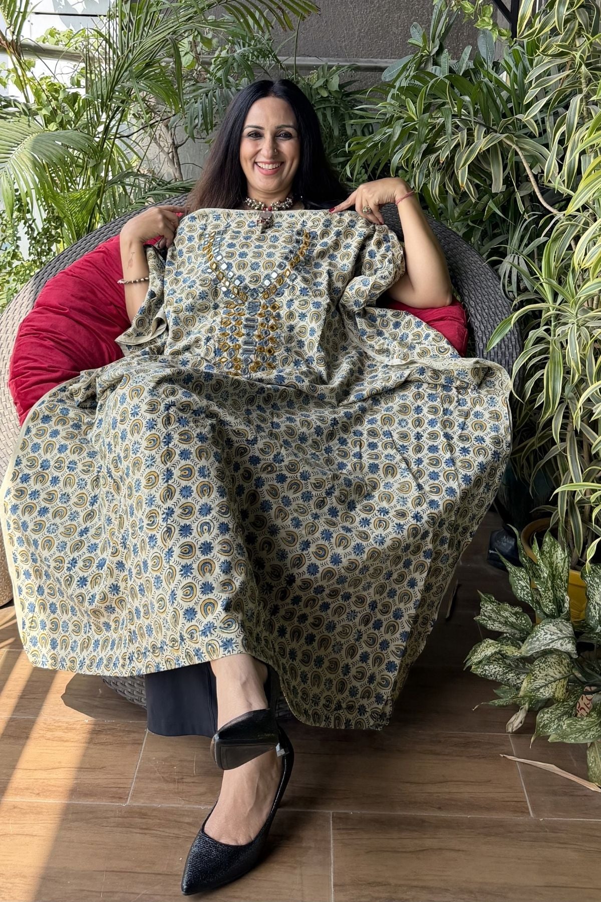 Handblocked pure cotton kurta with Kutch mirror work embroidery!!