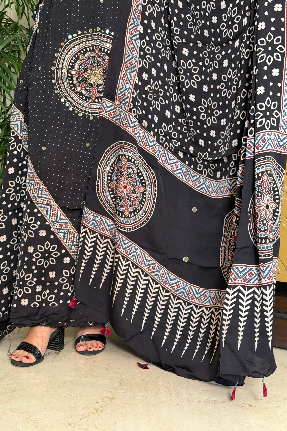 Handblocked Ajrakh kurta dupatta set with very intricate hand embroidery!!